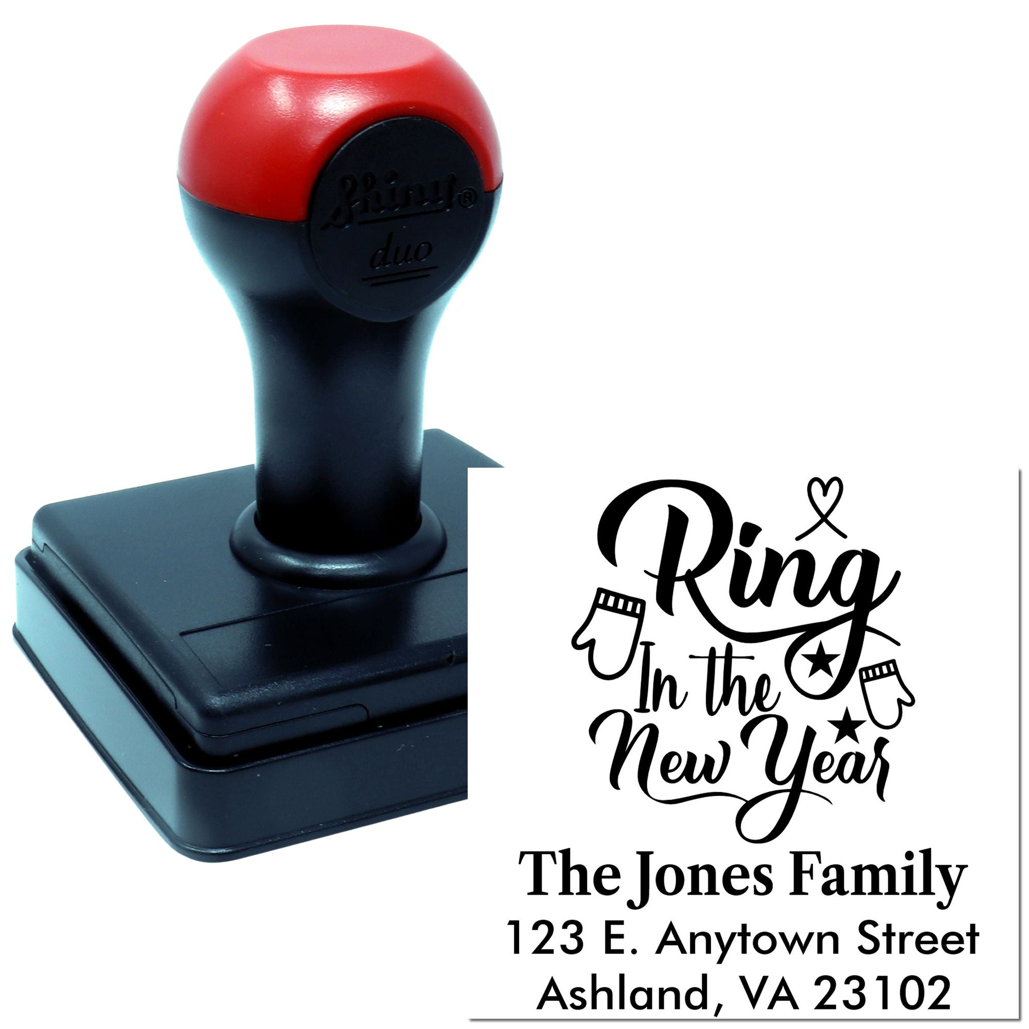 Custom self-inking rubber stamp with Ring in the New Year greeting, family name, and return address for holiday cards.