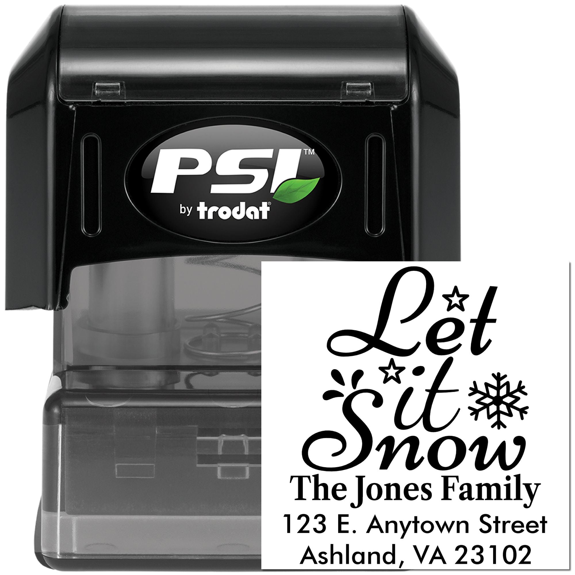 PSI by Trodat self-inking custom rubber stamp with Let It Snow holiday return address design