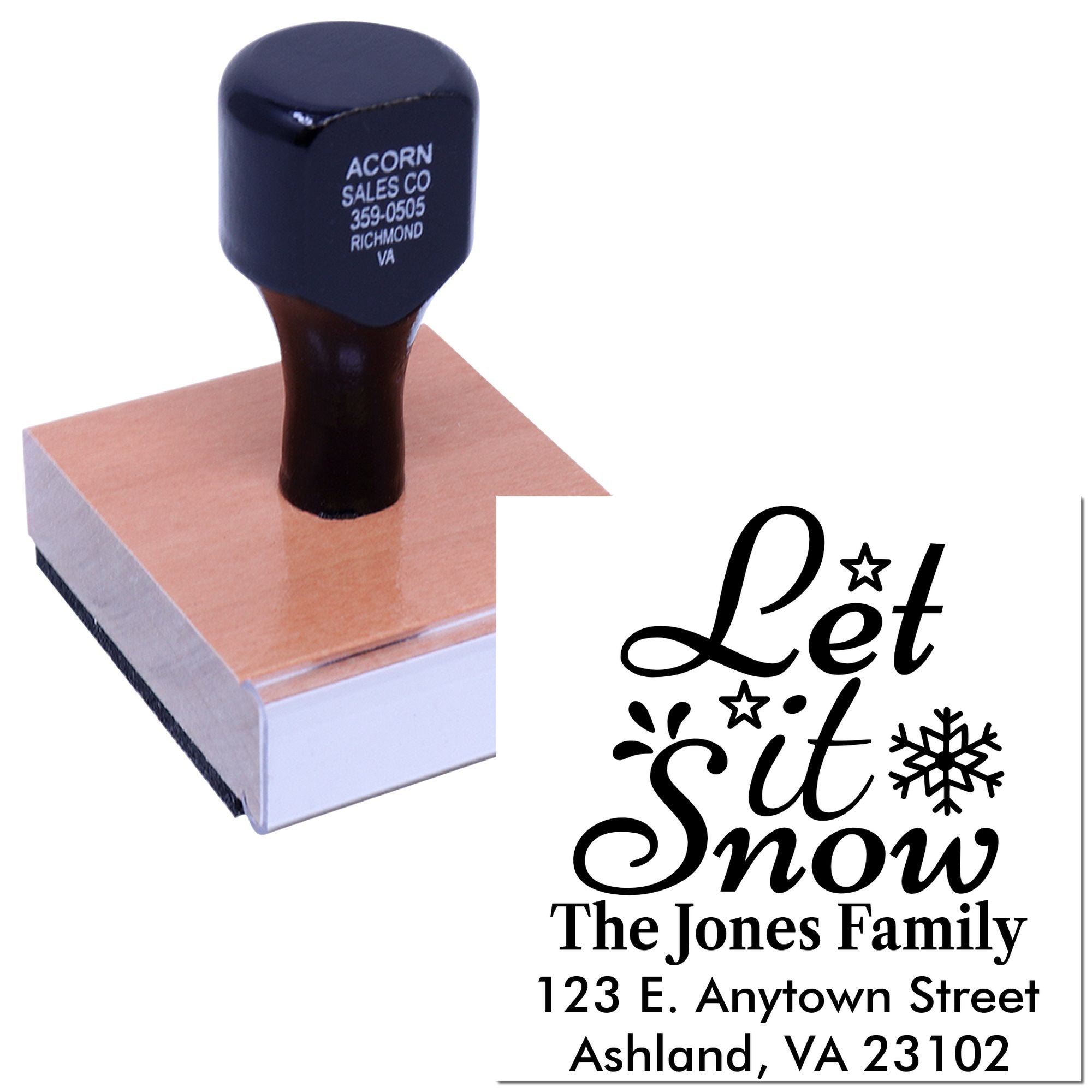 Custom rubber stamp with Let It Snow family address design for holiday cards, envelopes, and festive mailings.