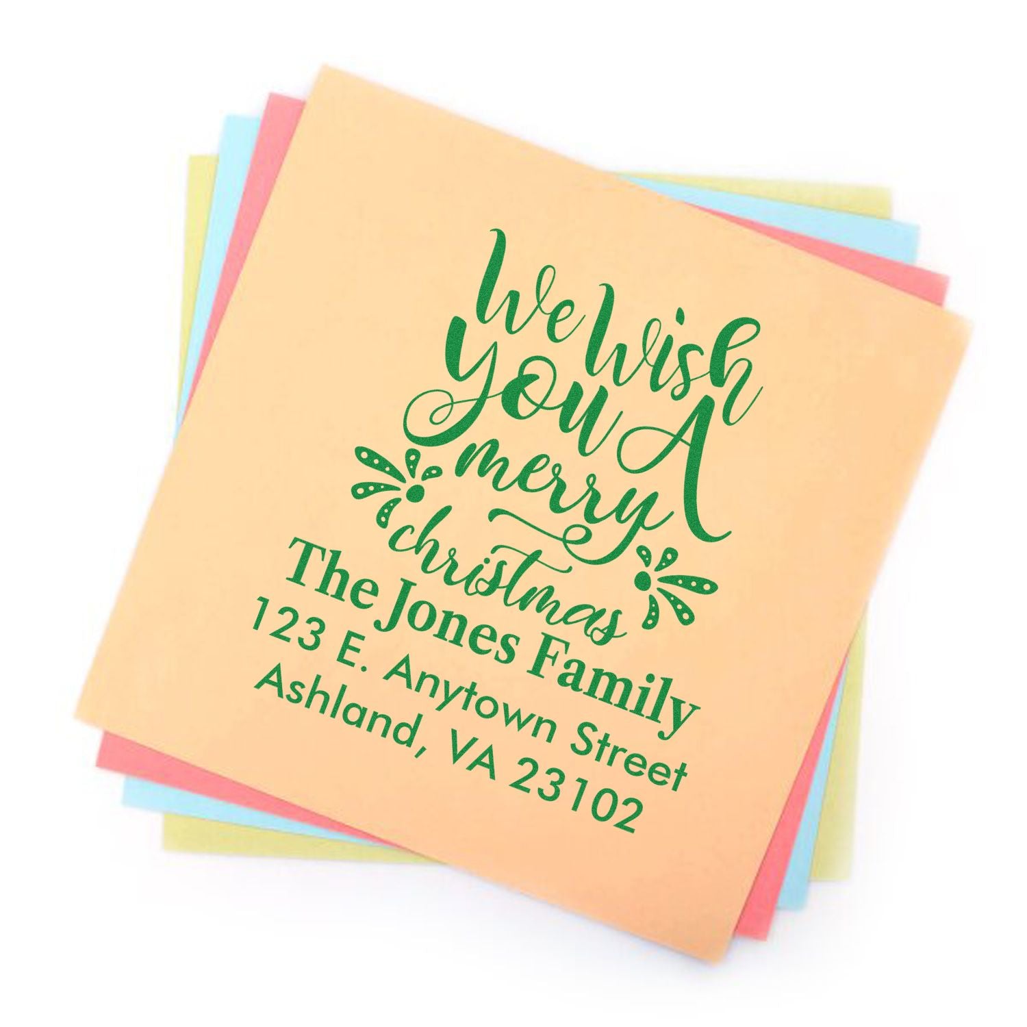 Custom holiday return address rubber stamp for The Jones Family with We Wish You a Merry Christmas design.