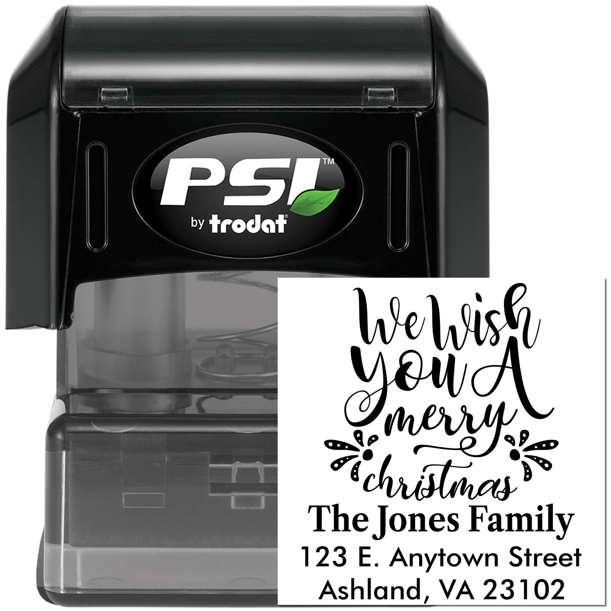 Custom self-inking rubber stamp with Christmas address design for holiday cards and envelope mailings.