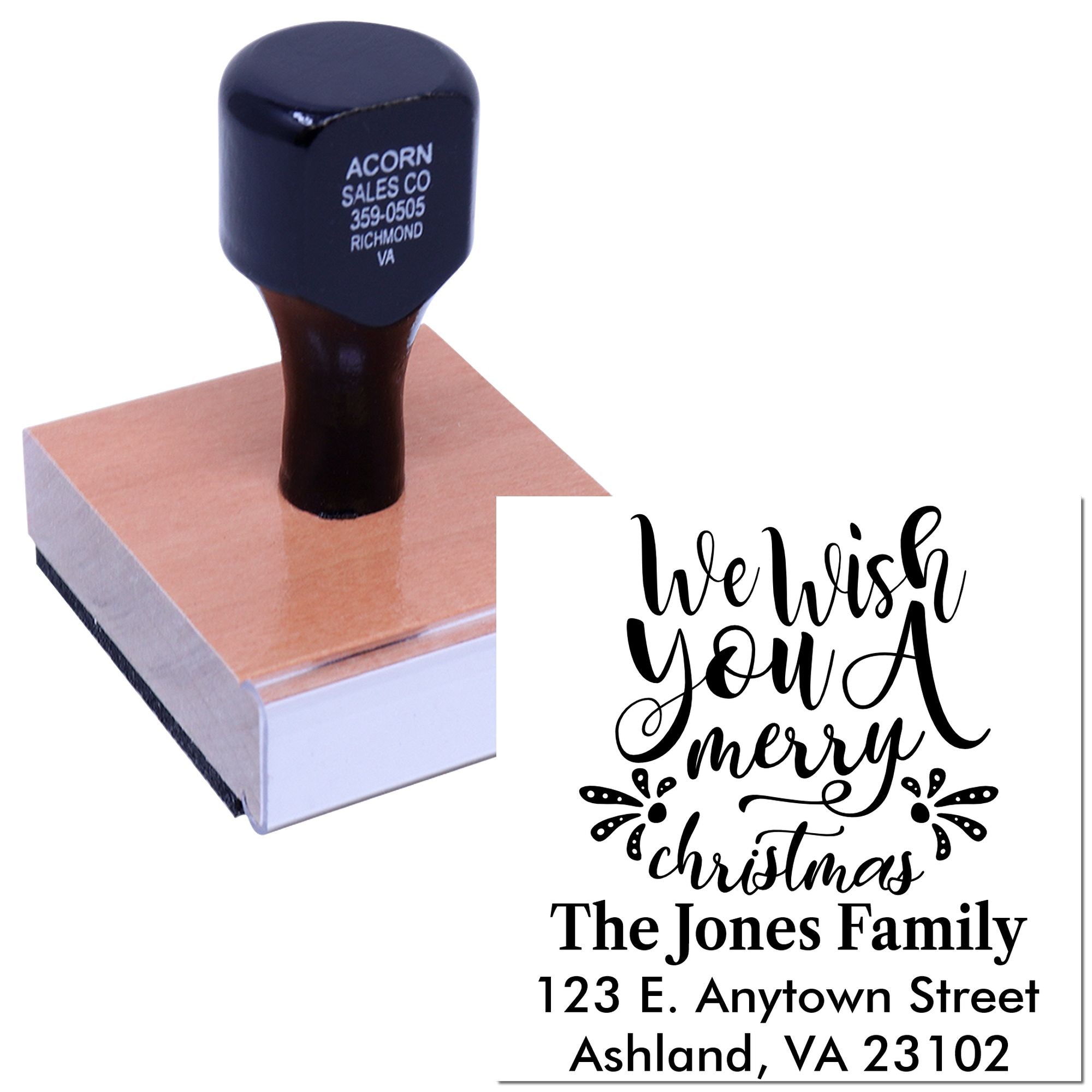 Custom Christmas return address rubber stamp with We Wish You a Merry Christmas design and personalized family address.