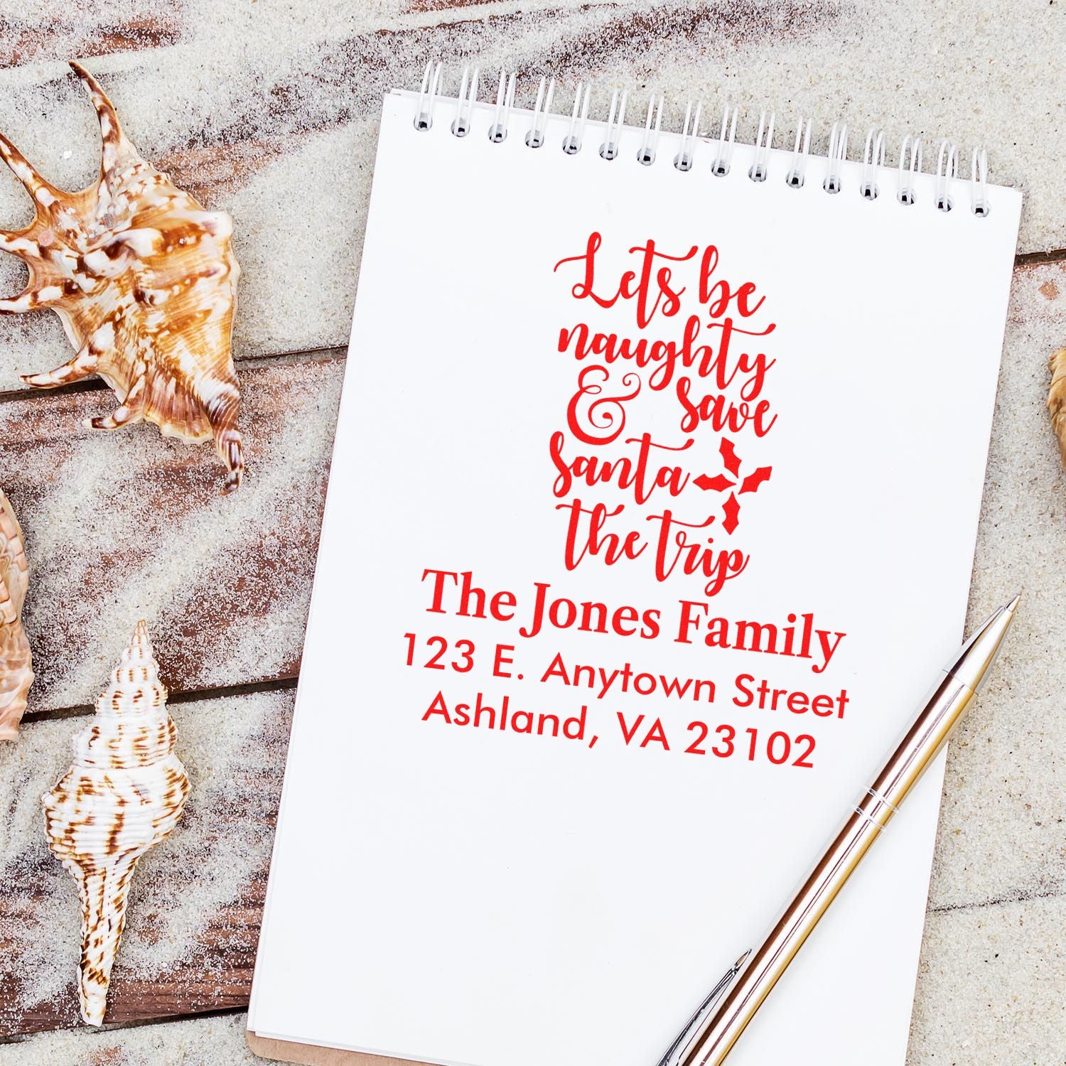 Personalized Christmas address rubber stamp with Lets be naughty & save Santa the trip for holiday cards and mail.