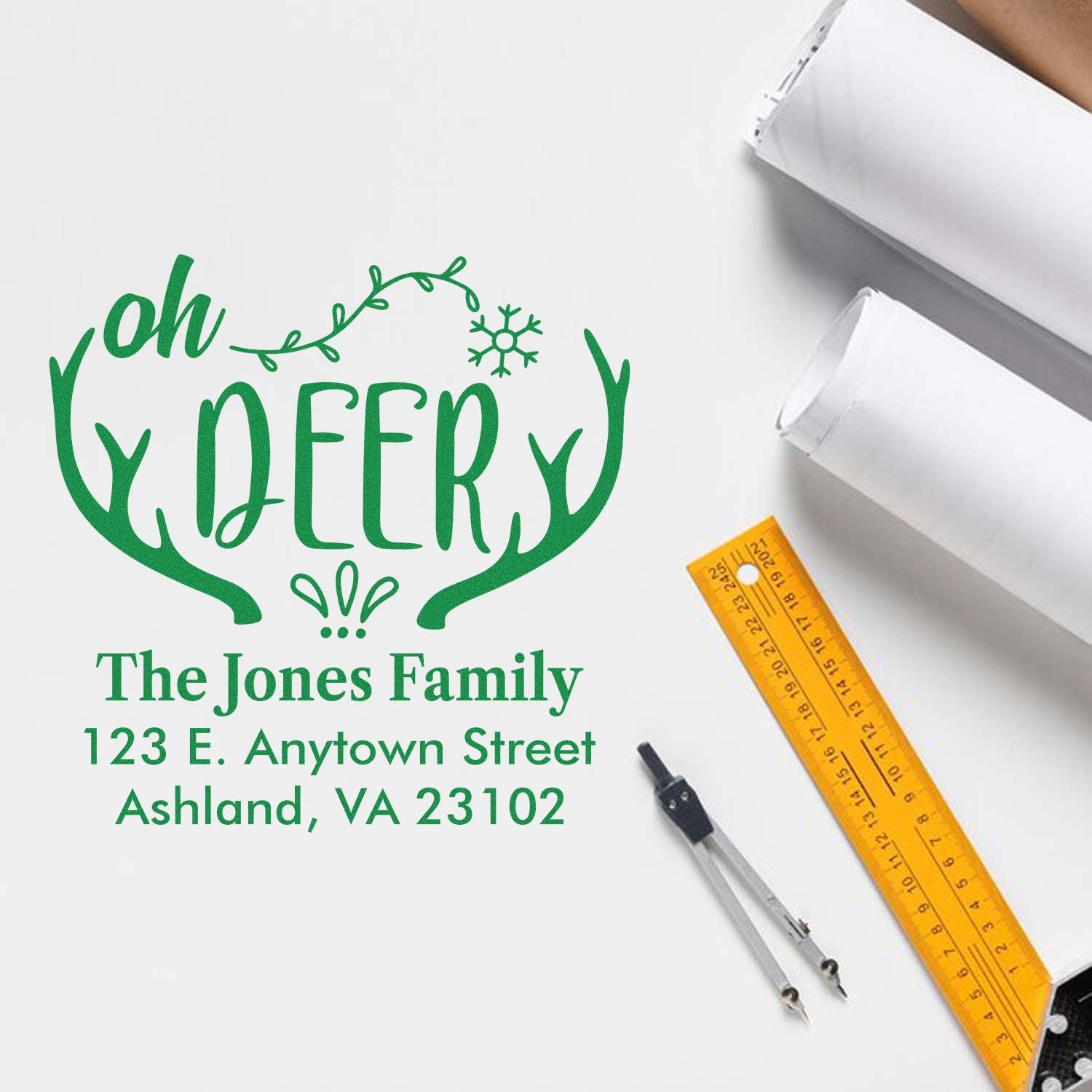 Personalized Oh Deer holiday rubber stamp with return address for Christmas cards and festive envelopes.