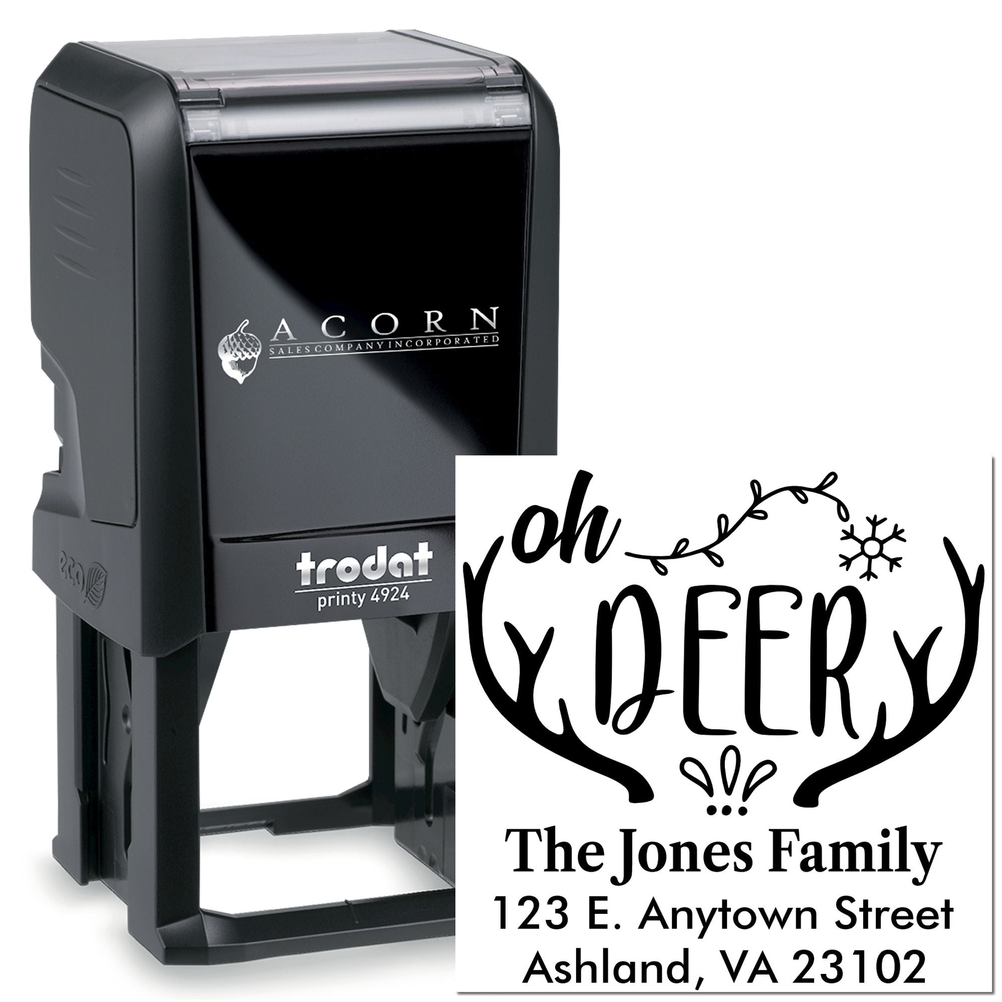 Custom self-inking rubber stamp with holiday deer design and address imprint for personalized Christmas mail.