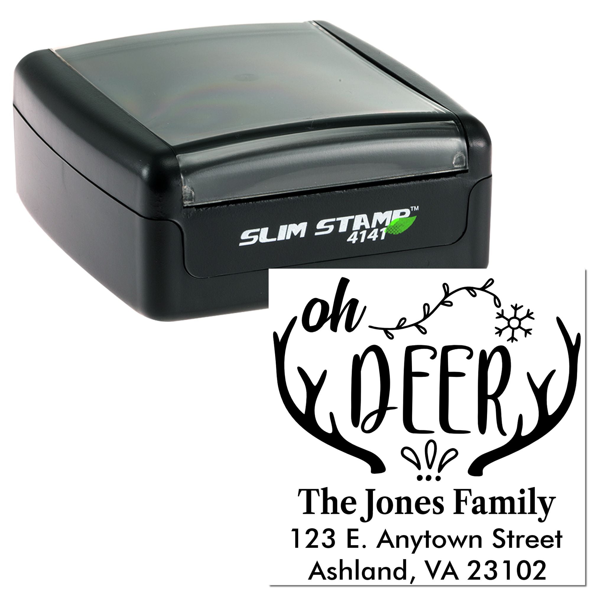 Custom self-inking rubber stamp with holiday Oh Deer family return address design