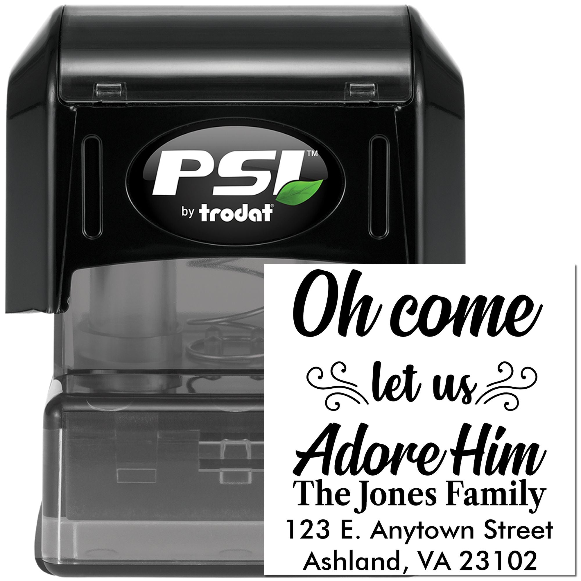 PSI by Trodat self-inking rubber stamp with Oh Come Let Us Adore Him holiday address imprint