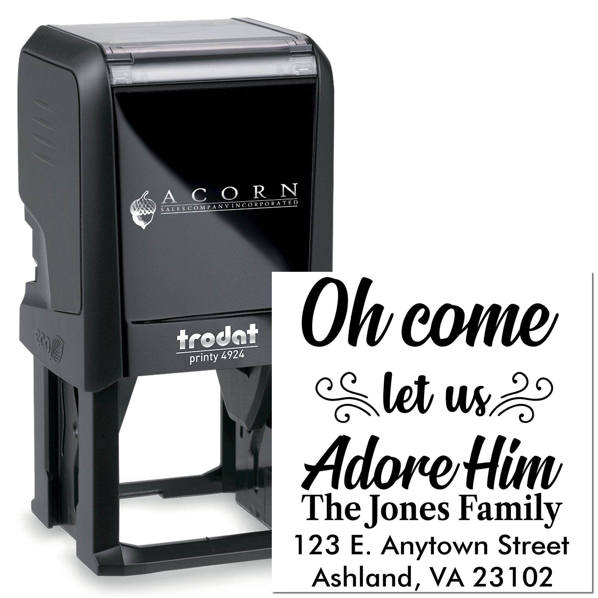 Custom self-inking rubber stamp with Oh come let us Adore Him holiday design and family address for Christmas cards.