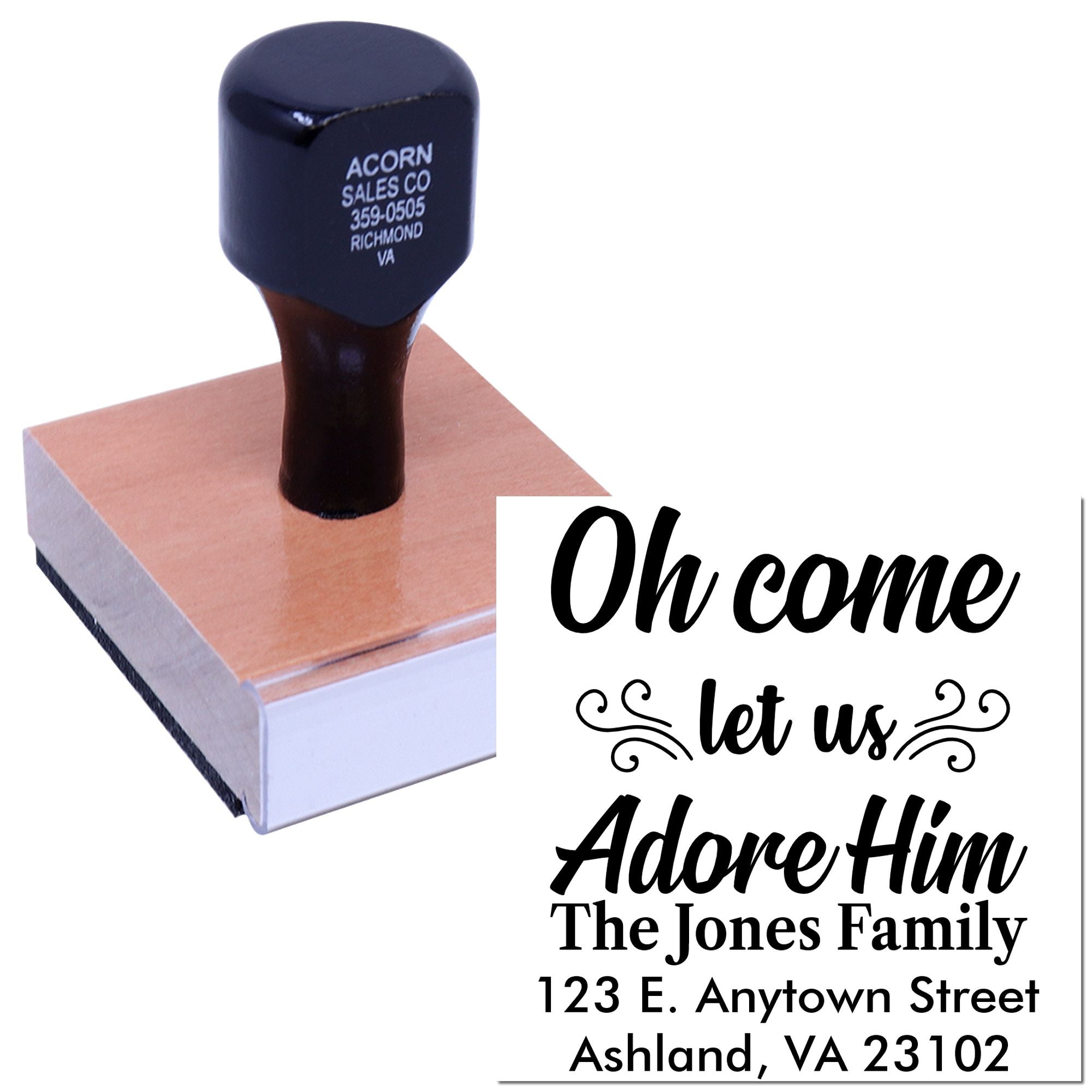 Personalized Christmas return address rubber stamp with Oh Come Let Us Adore Him family mailing design