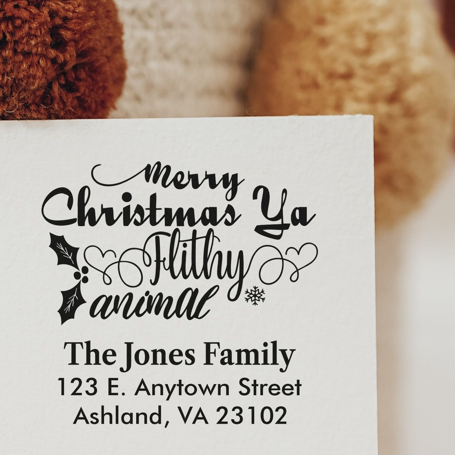 Custom holiday address rubber stamp with Merry Christmas ya filthy animal design for personalized Christmas cards and mail.