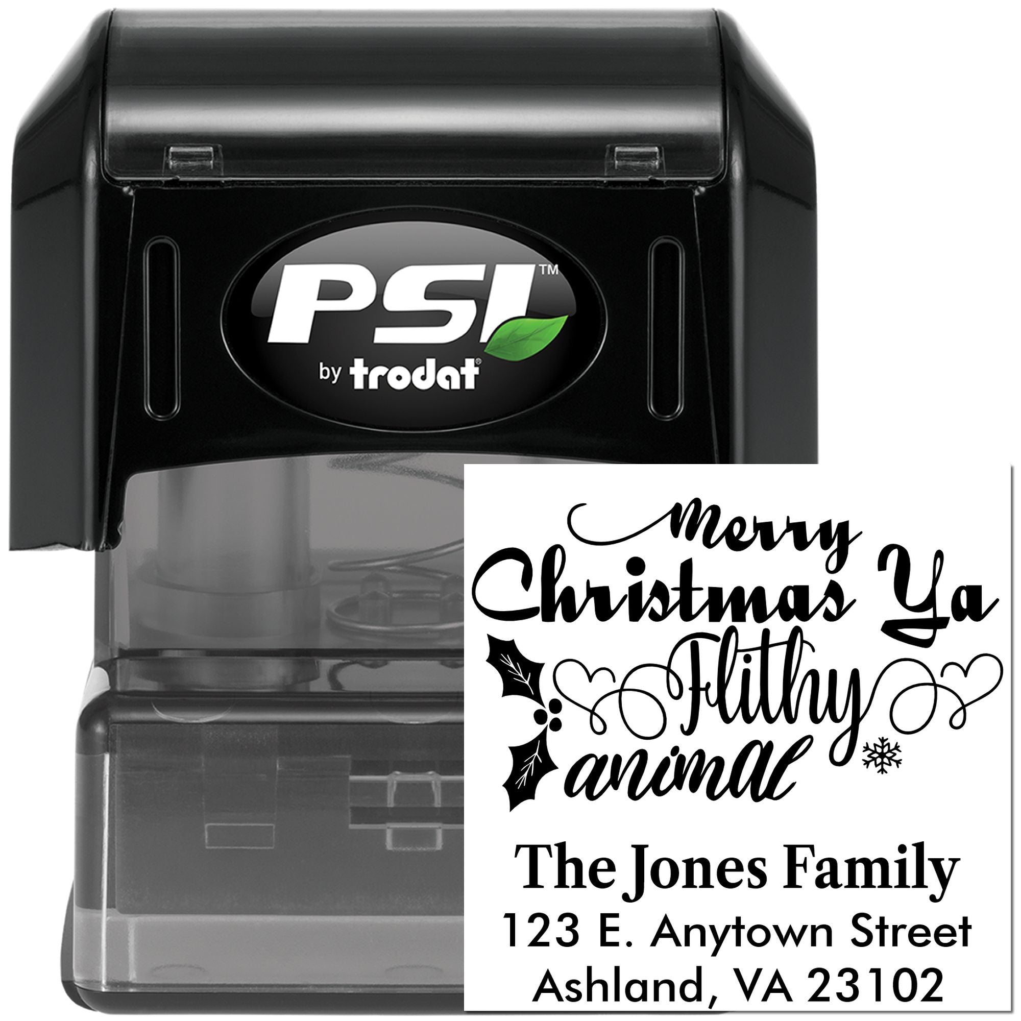 Custom self-inking rubber stamp by PSI Trodat featuring a Merry Christmas ya filthy animal return address design for holiday cards.