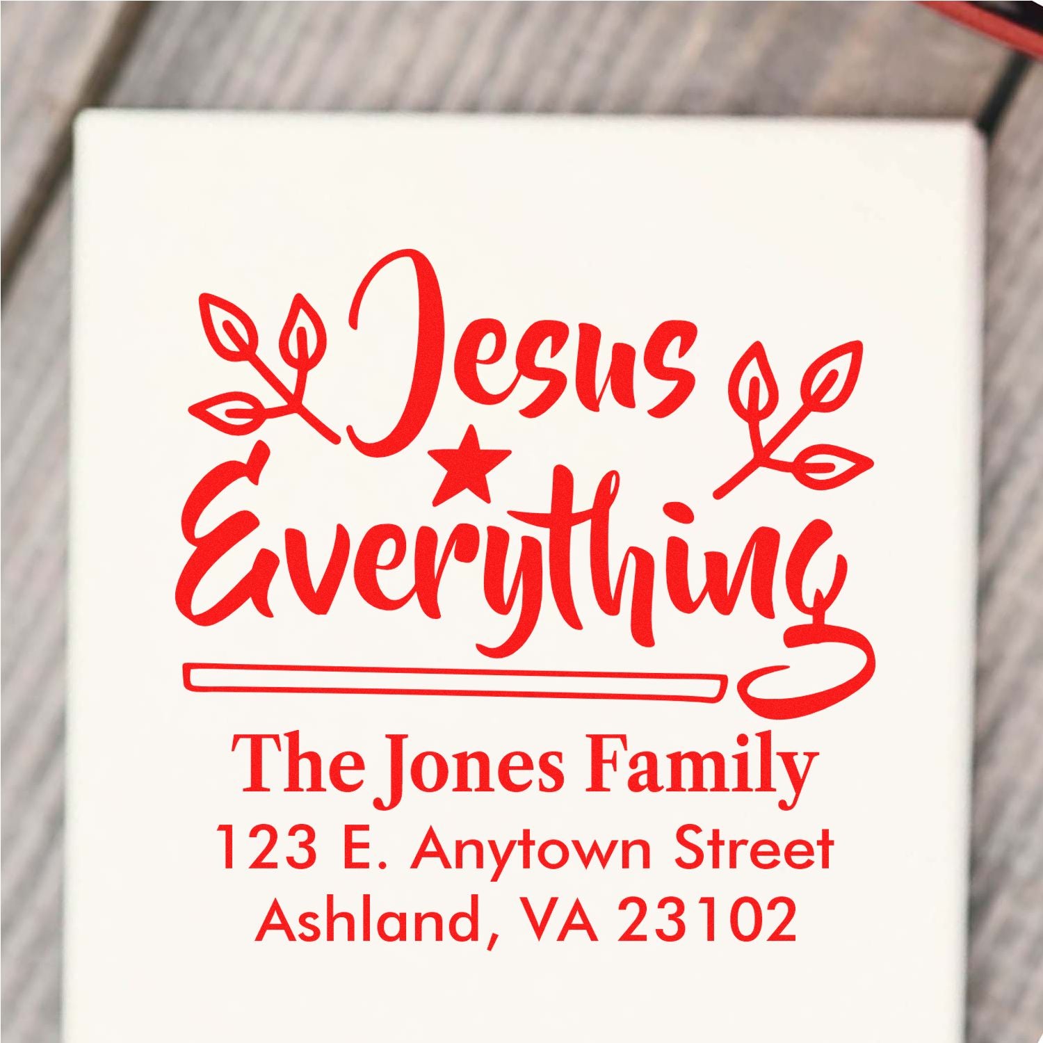 Custom Christian rubber stamp with Jesus is Everything and Jones family return address for envelopes.
