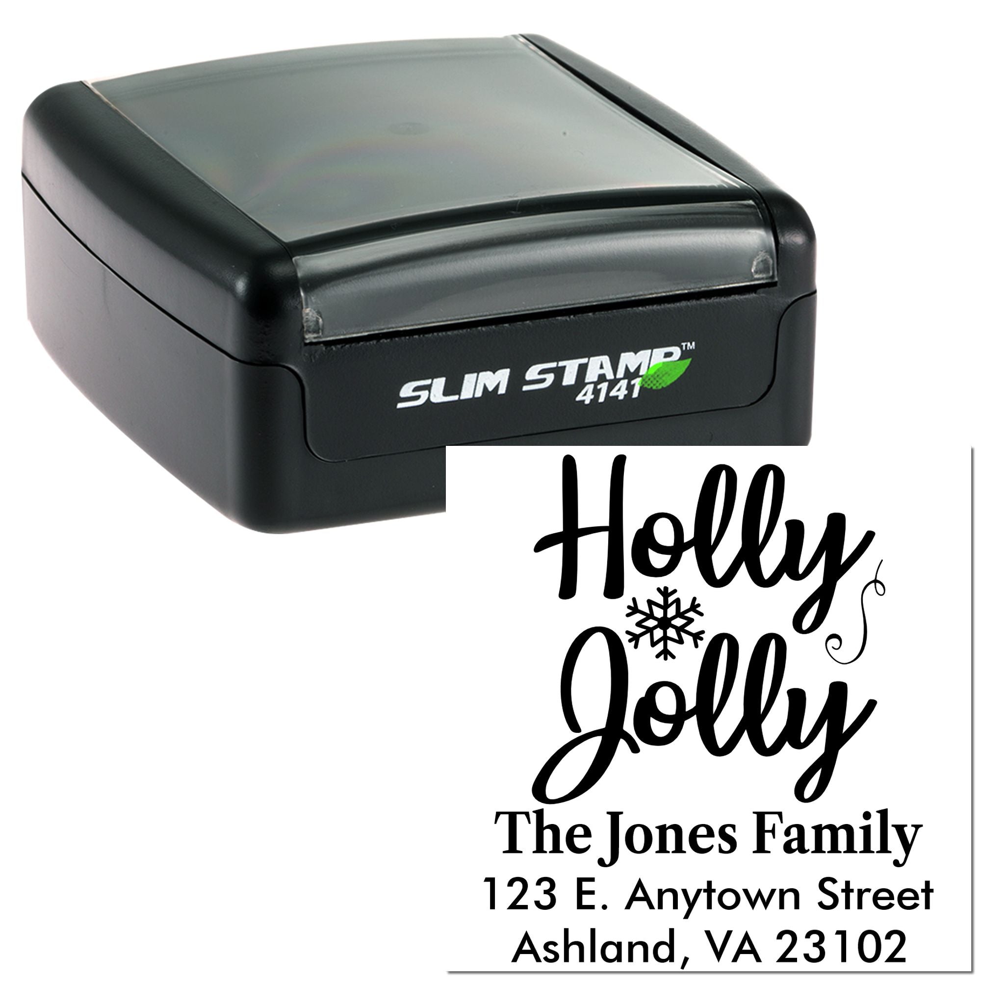 Slim Stamp 4141 self-inking holiday address rubber stamp with Holly Jolly family return address for cards and envelopes.