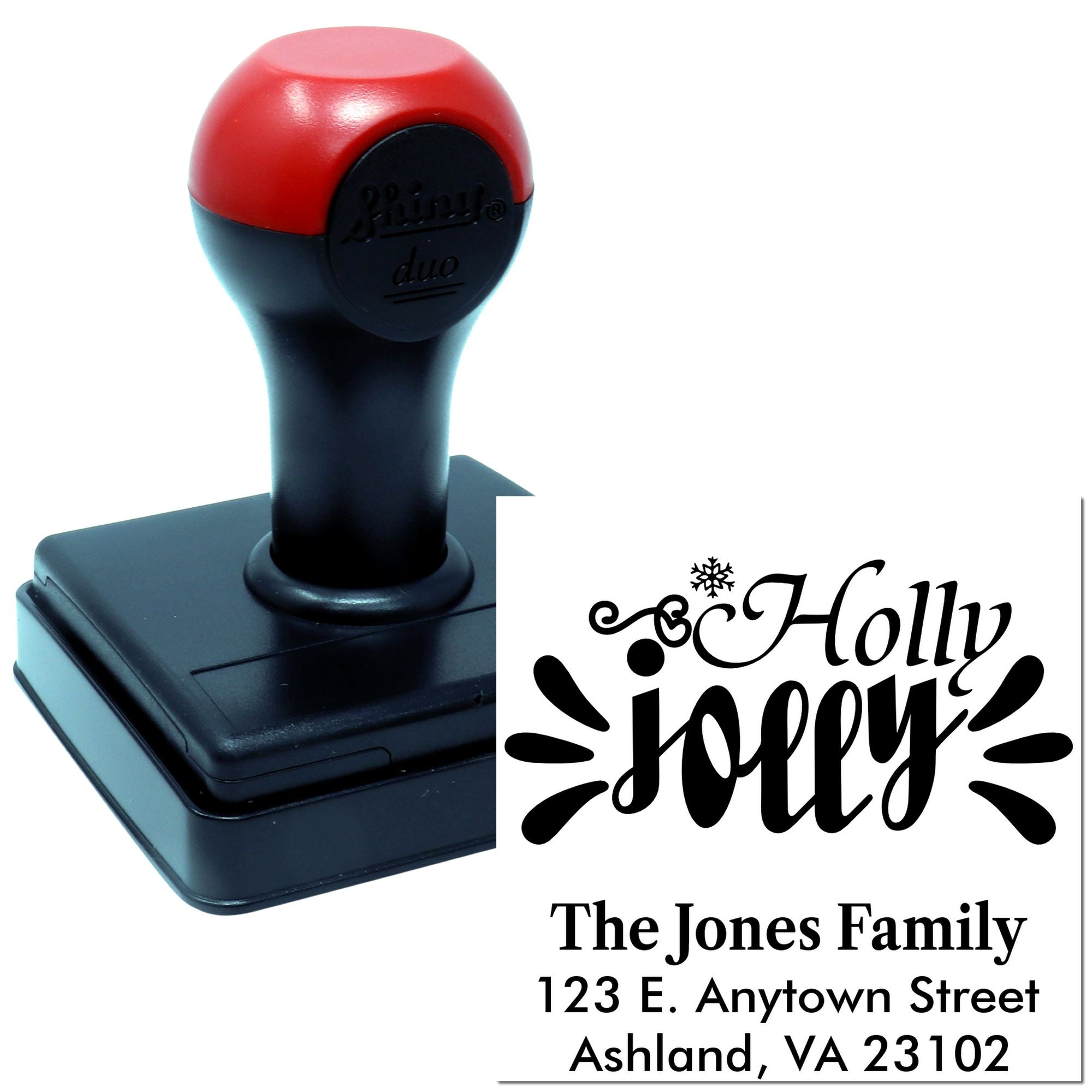 Custom self-inking rubber stamp with Holly Jolly holiday return address design for festive cards, envelopes, and packaging.