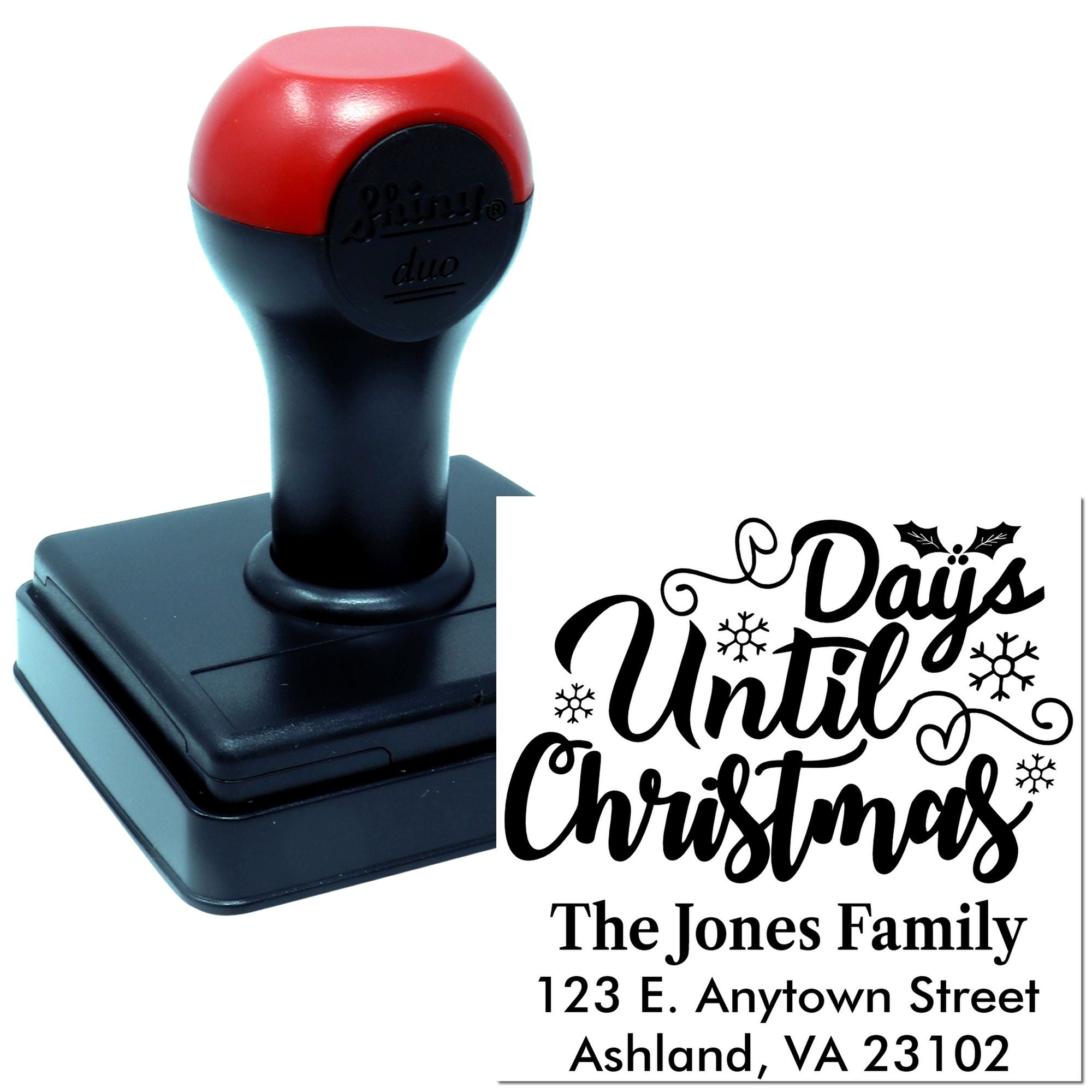 Custom self-inking rubber stamp with personalized Days Until Christmas holiday address design for Christmas cards.