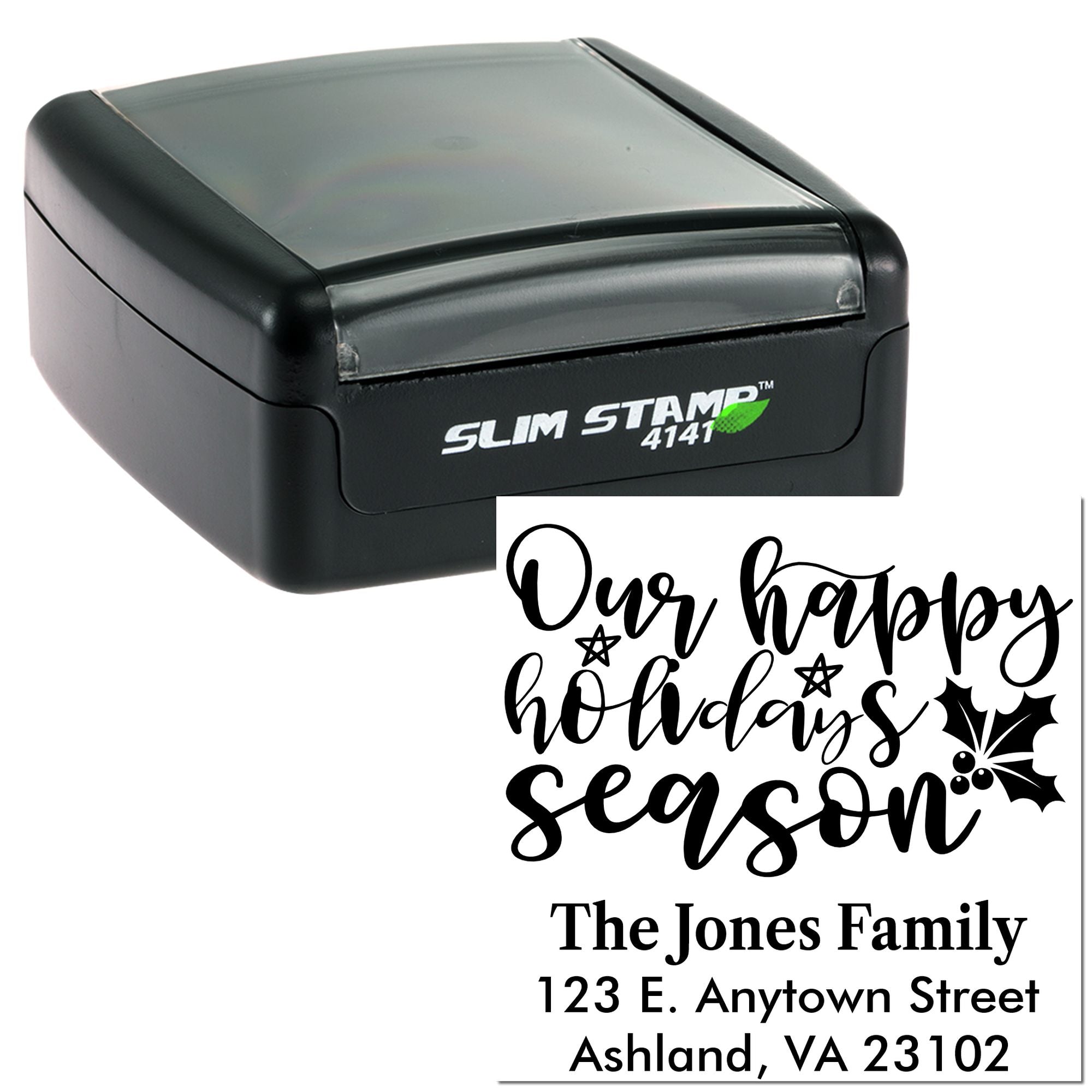 Slim self-inking holiday address rubber stamp with Our Happy Holidays family return address design for festive cards and envelopes.