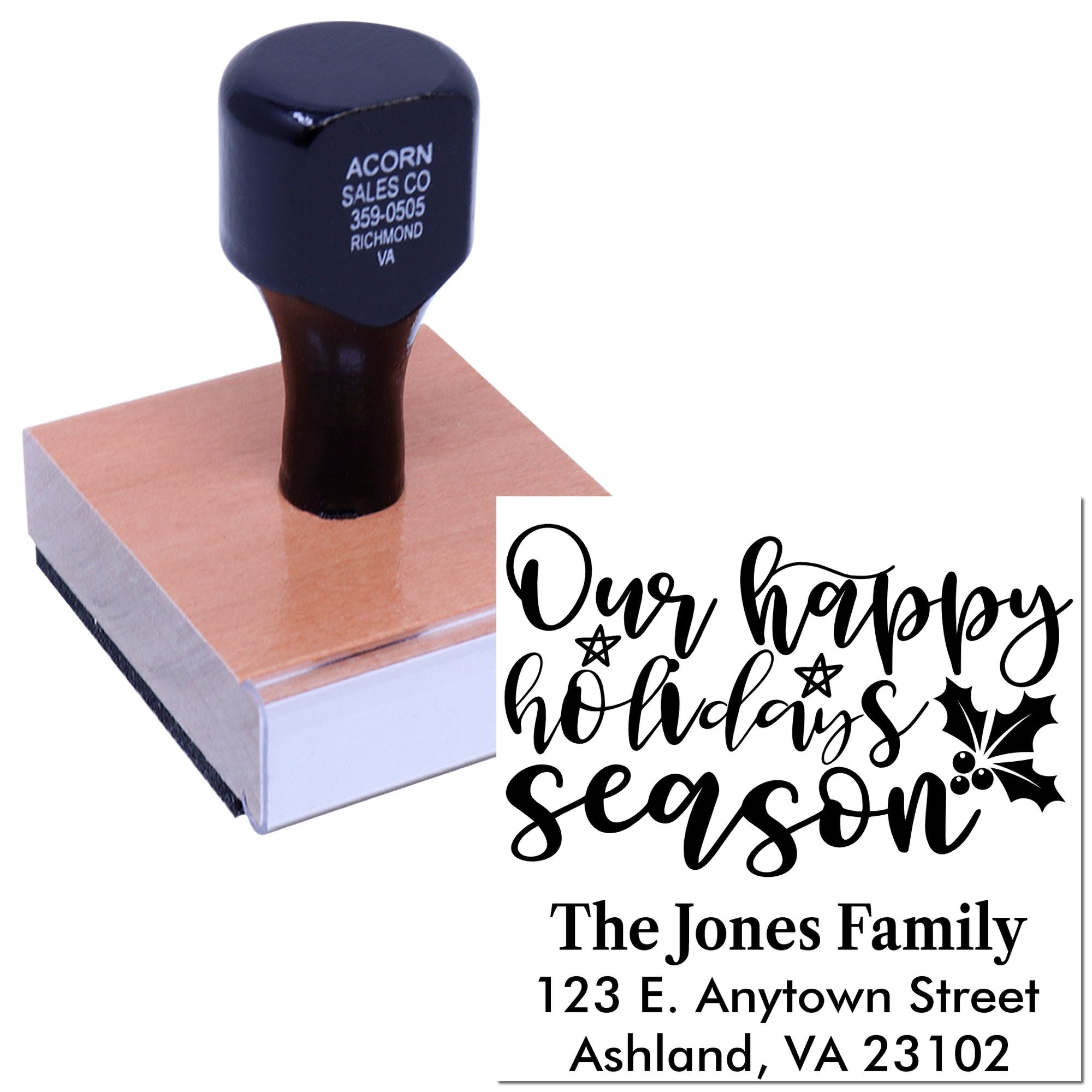 Personalized holiday return address rubber stamp with family name and festive Our happy holidays seasonal design.