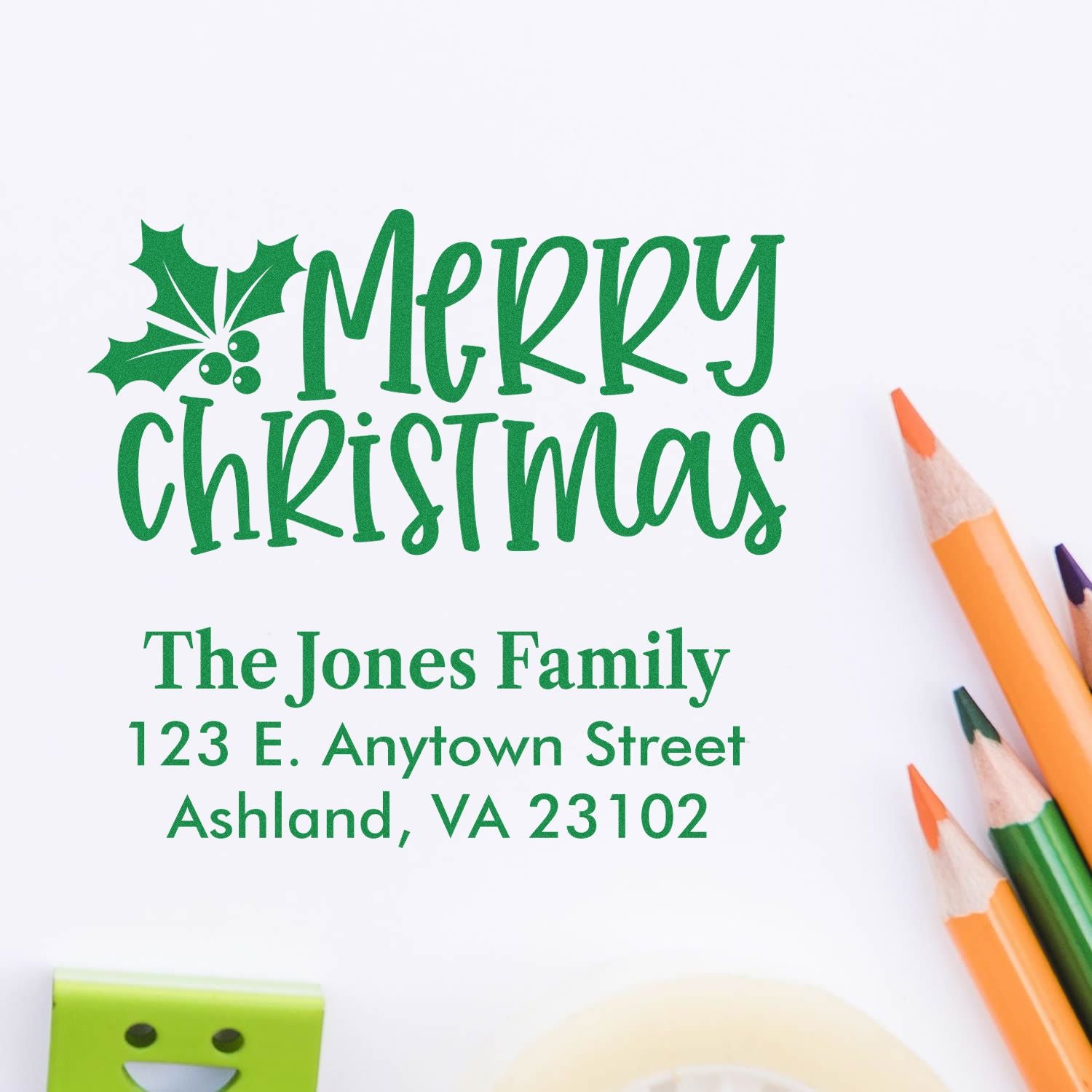 Personalized Merry Christmas rubber stamp with The Jones Family address for holiday cards and festive seasonal mailings.