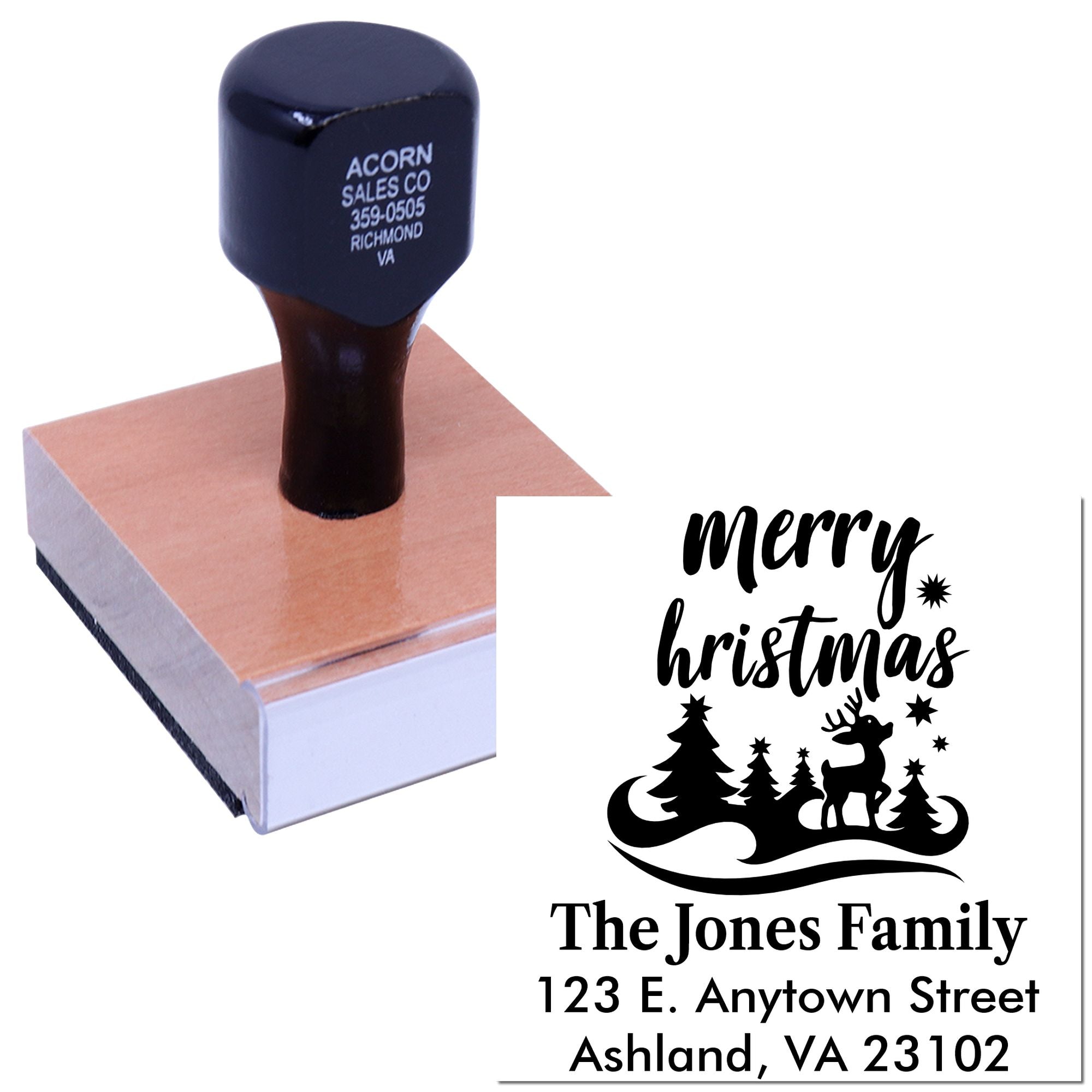 Custom Merry Christmas address rubber stamp for holiday cards with family name and return address