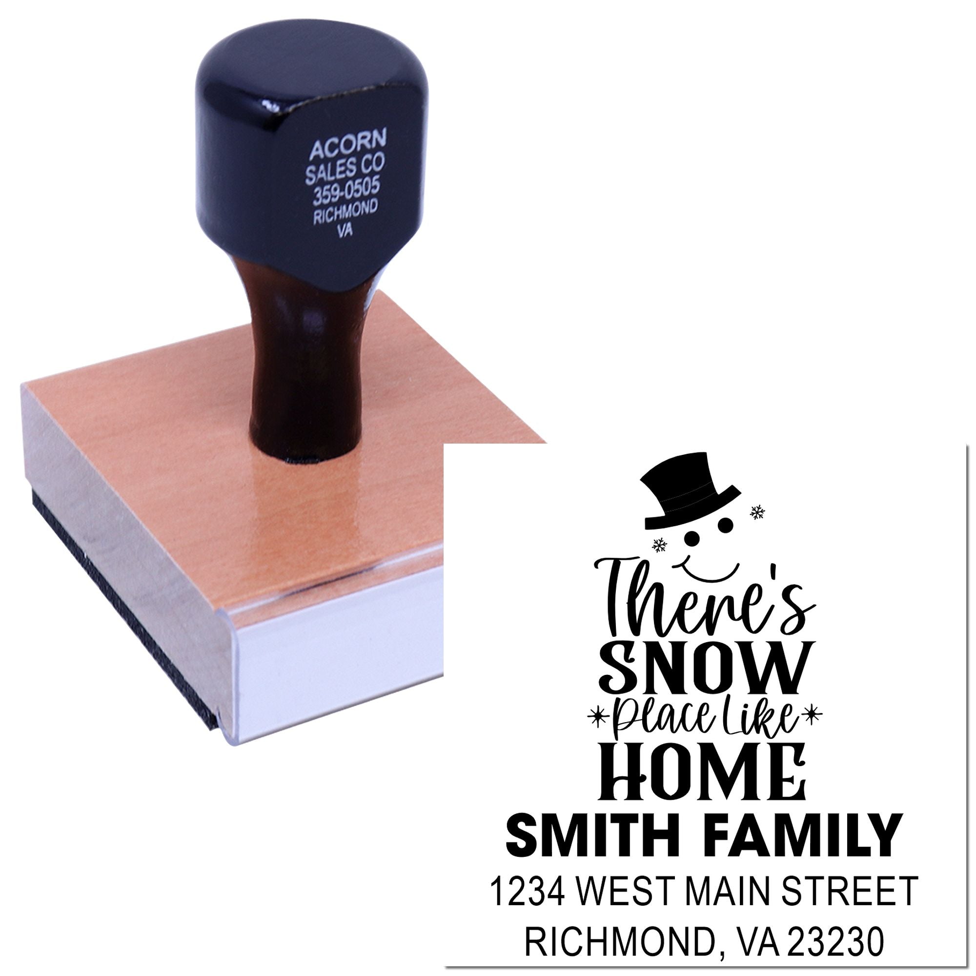Custom holiday rubber stamp with Theres snow place like home design and Smith family address.