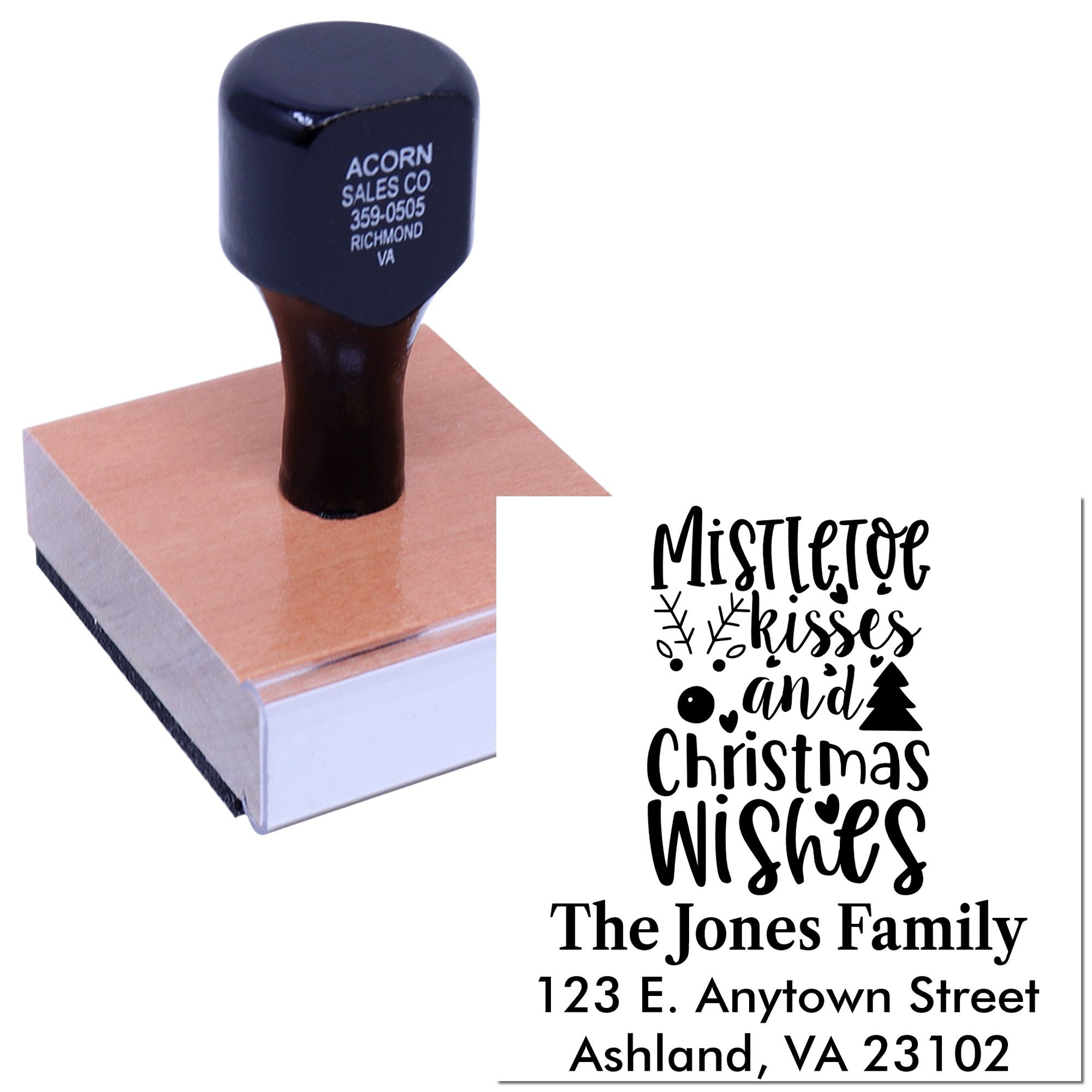 Personalized Christmas rubber stamp with Mistletoe Kisses and Christmas Wishes return address design for holiday cards.