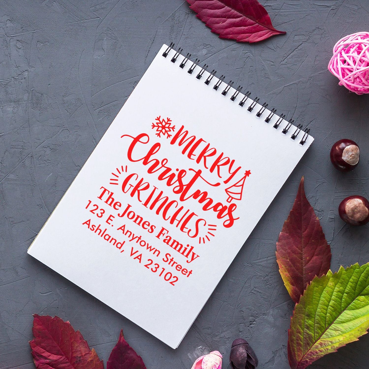 Custom Merry Christmas address rubber stamp with family name and return address for holiday cards and gift labeling