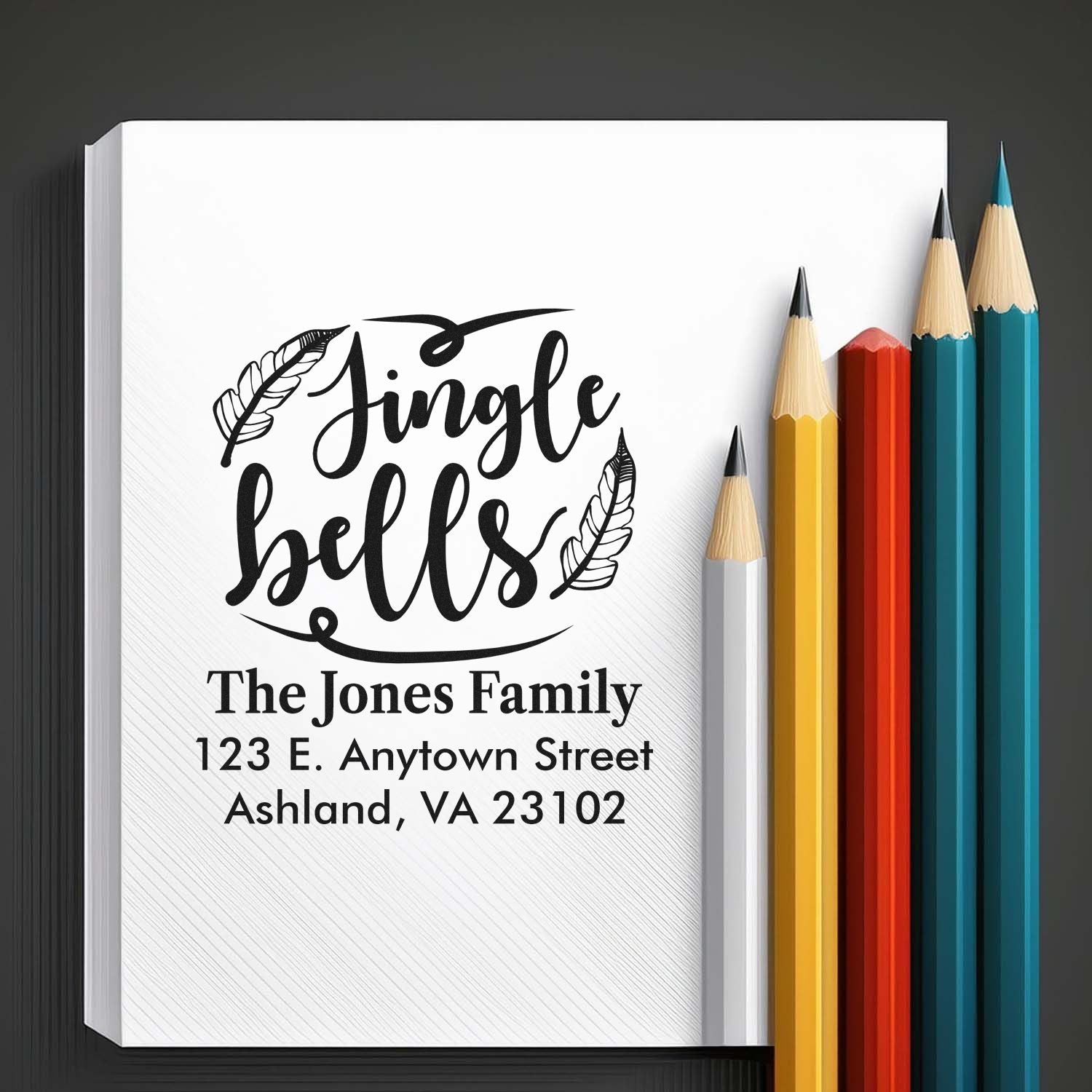 Personalized Jingle Bells family address rubber stamp design for holiday envelopes, custom mailings, and seasonal stationery.