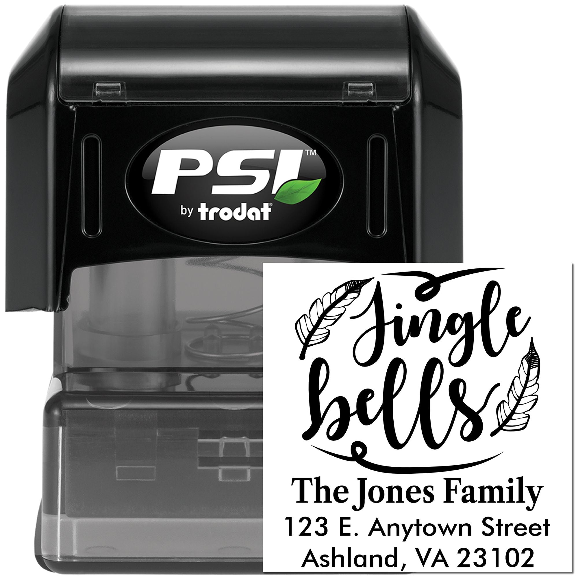 Custom holiday address rubber stamp with Jingle Bells design and The Jones Family return address for envelopes.