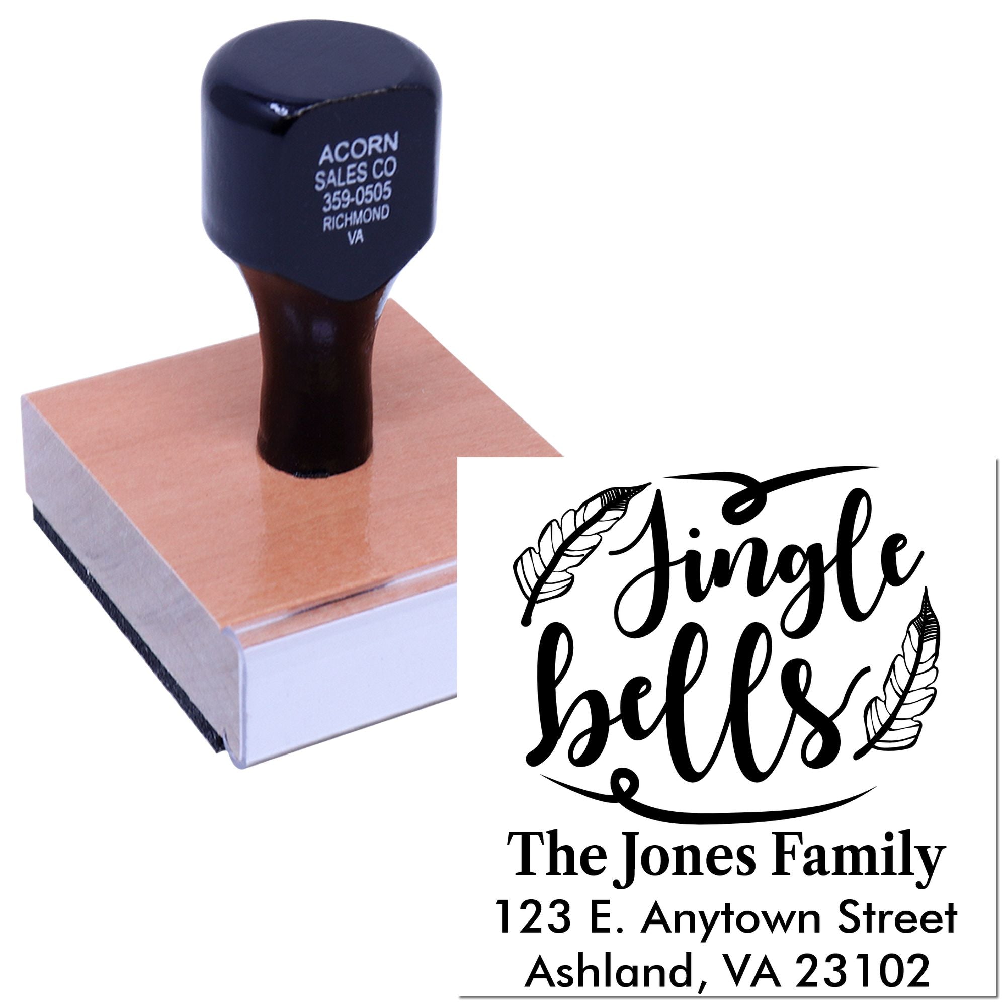 Custom family address rubber stamp with Jingle Bells design for holiday cards and personalized return mailing.
