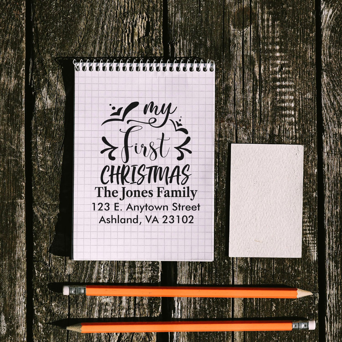 Personalized My First Christmas rubber stamp with family name and address for holiday cards, invitations, and gifts.