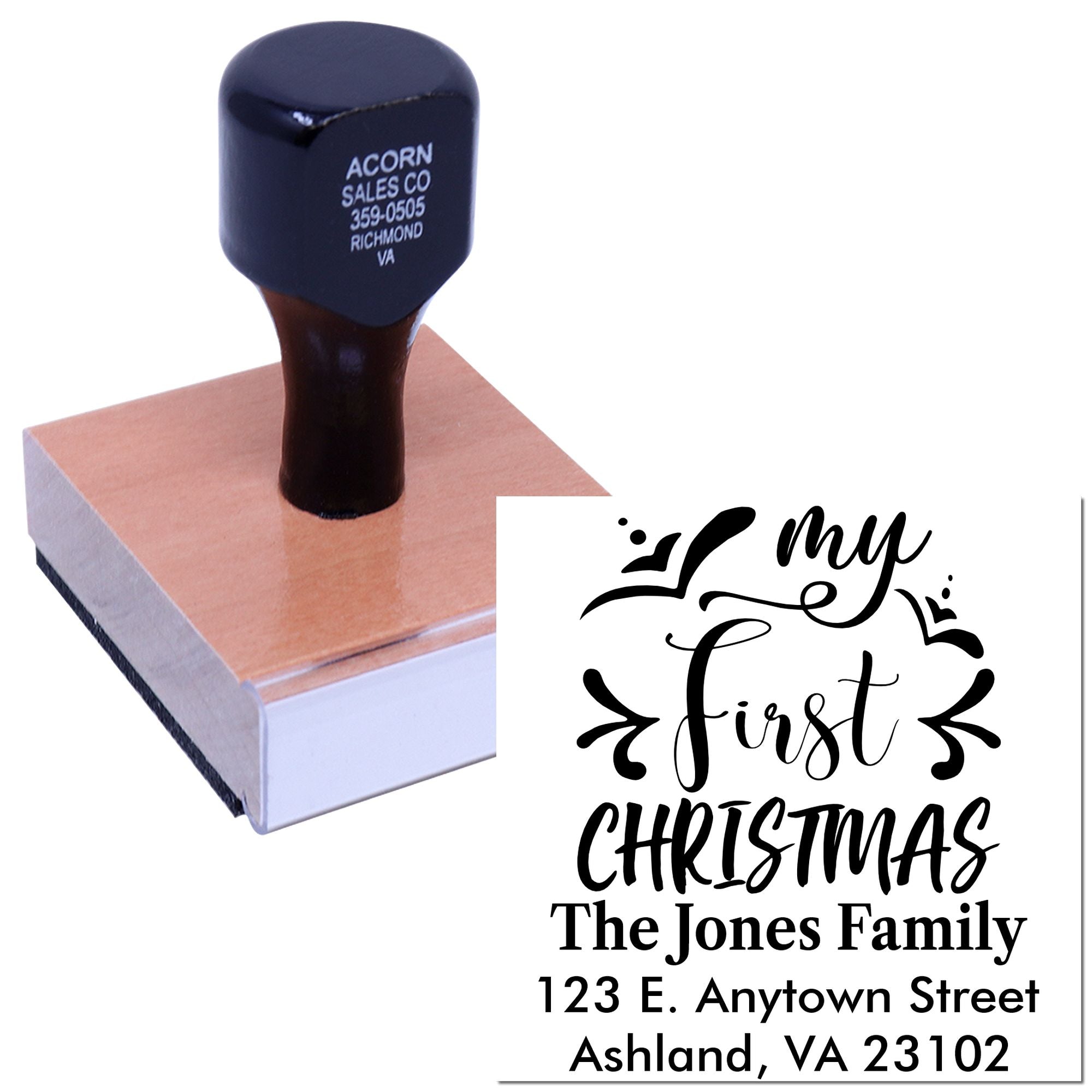 Custom rubber stamp with My First Christmas design and family address for holiday cards, gifts, and keepsakes.
