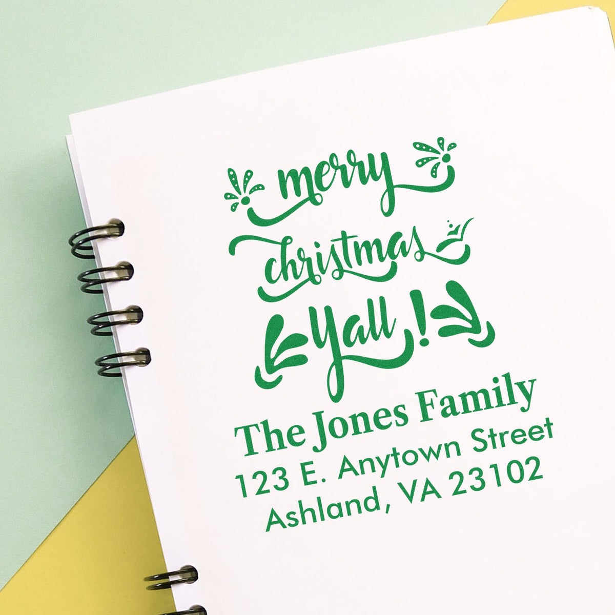 Personalized Merry Christmas yall rubber stamp with The Jones Family return address for festive holiday cards and mailings.