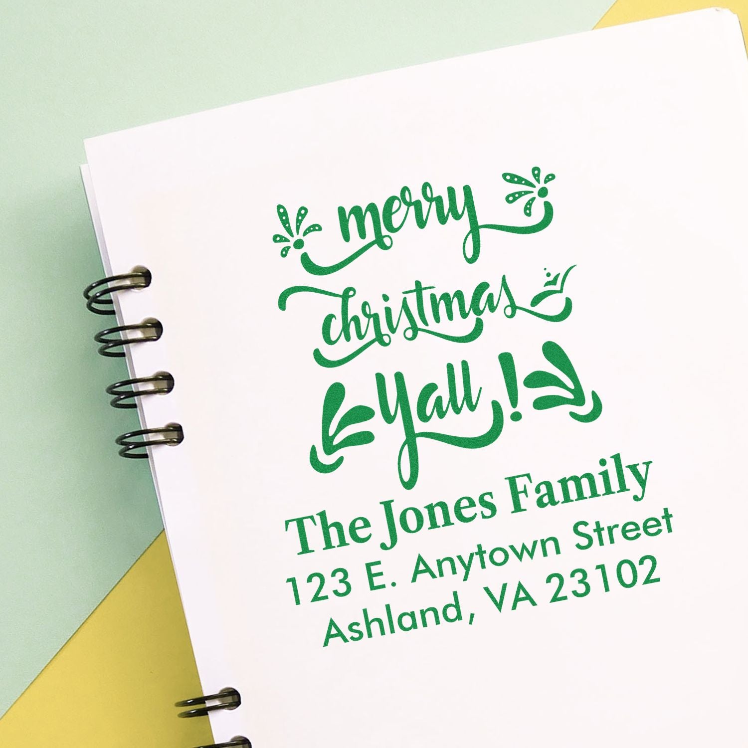 Personalized Christmas return address rubber stamp with Merry Christmas Y'all for The Jones Family, Ashland, VA