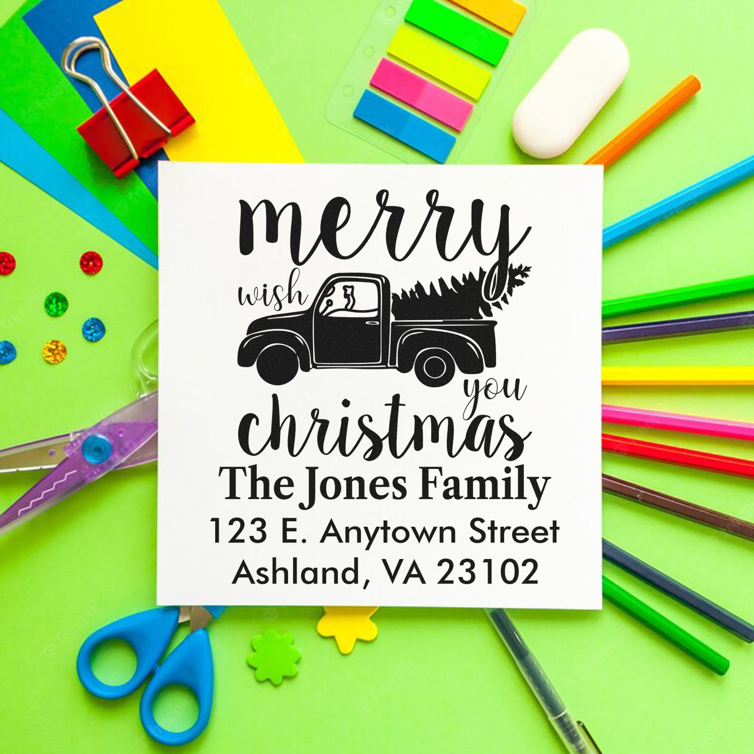 Personalized Christmas rubber stamp with vintage truck and custom family return address for holiday cards and mail.