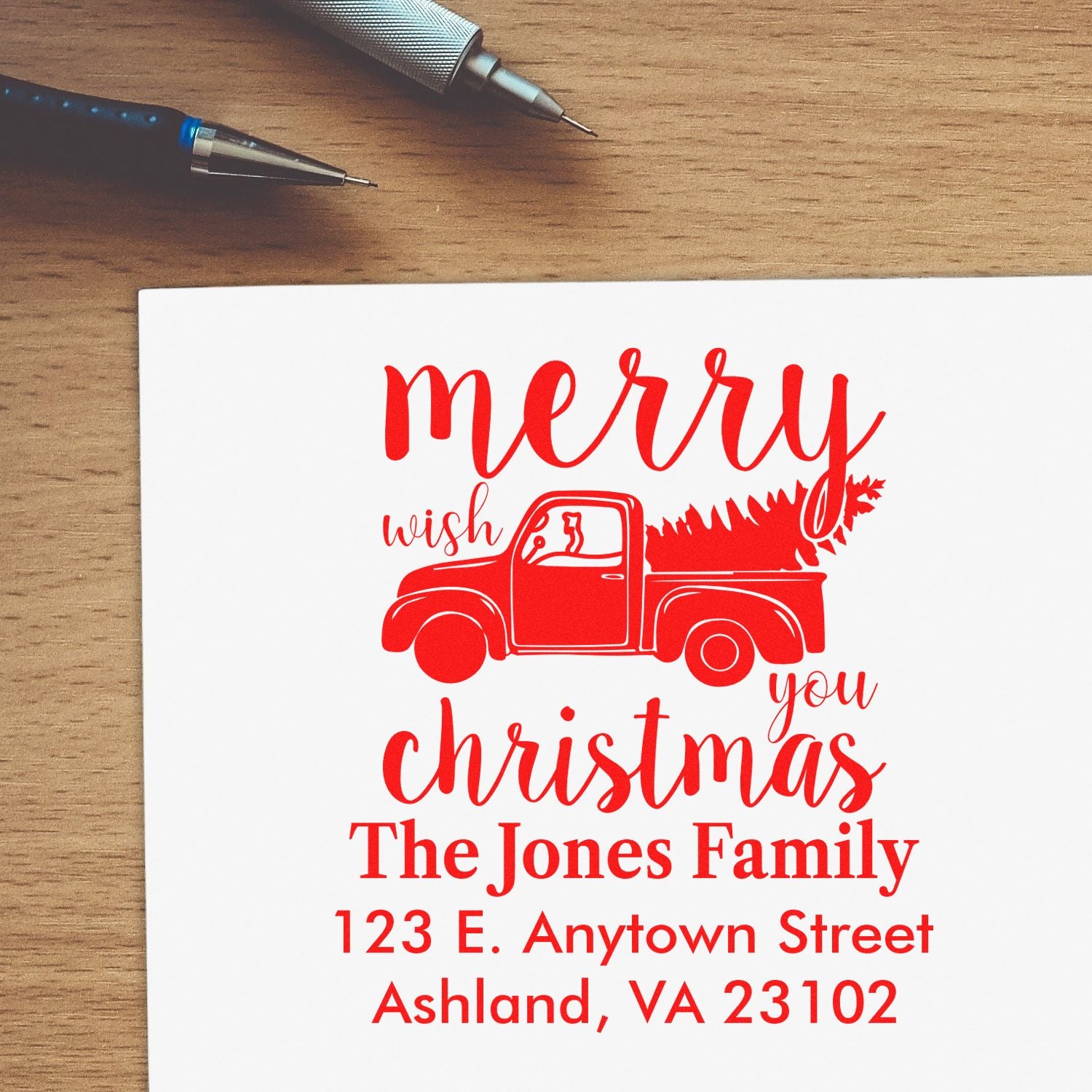 Custom Christmas return address rubber stamp with pickup truck and tree, personalized holiday design for The Jones Family.