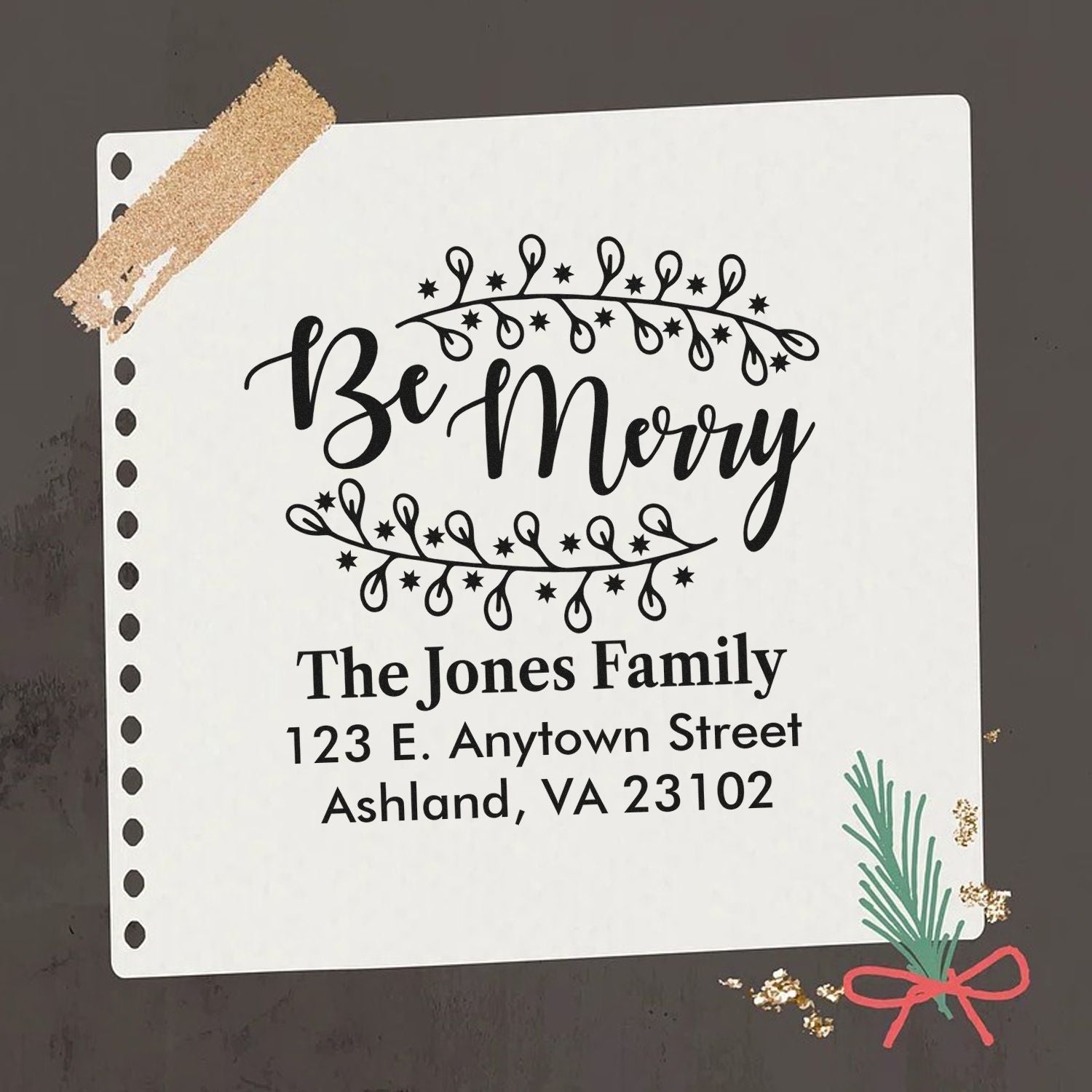 Personalized Christmas address rubber stamp with Be Merry design for holiday cards and return mail.
