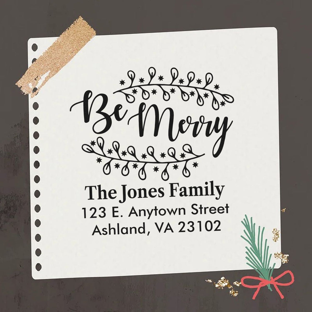 Custom Be Merry holiday return address rubber stamp with family name and address for Christmas cards and mailings.