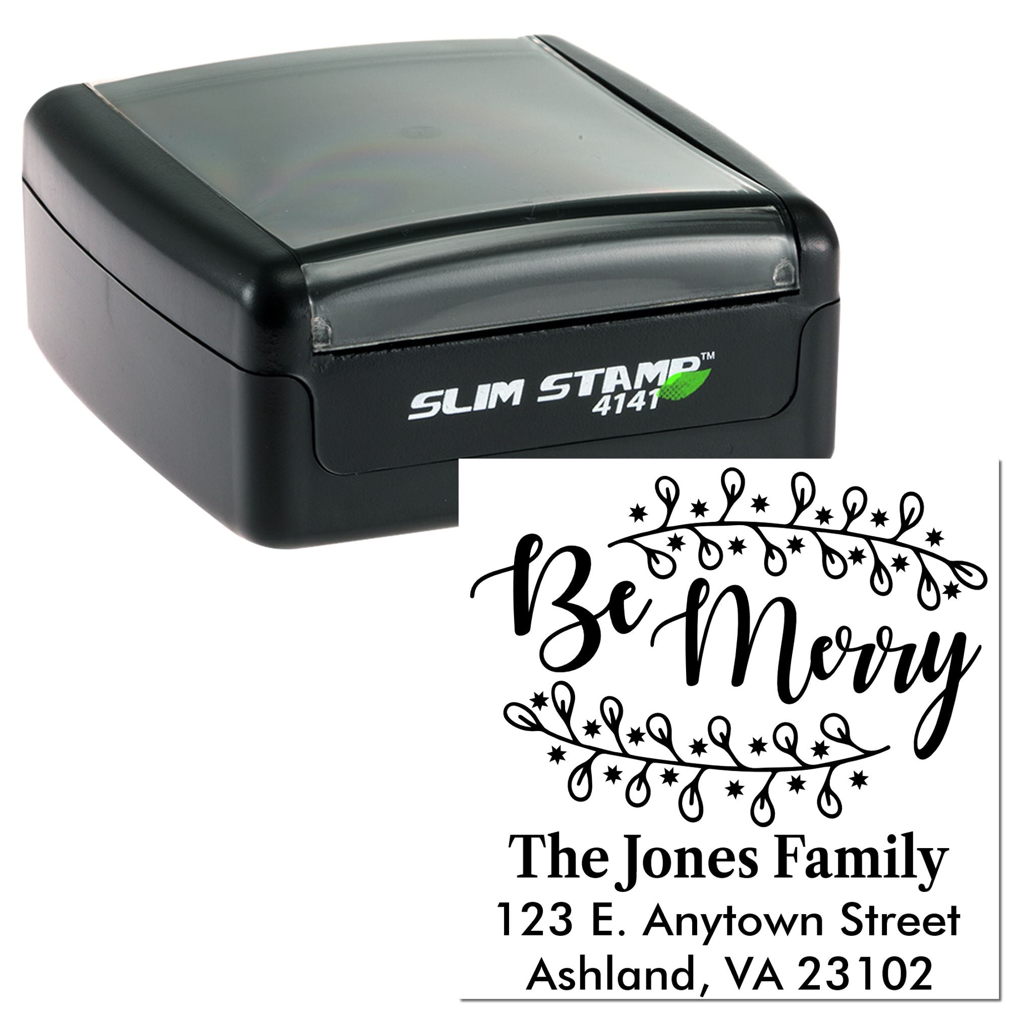 Slim self-inking rubber stamp with Be Merry holiday return address design for personalized family mail and cards.