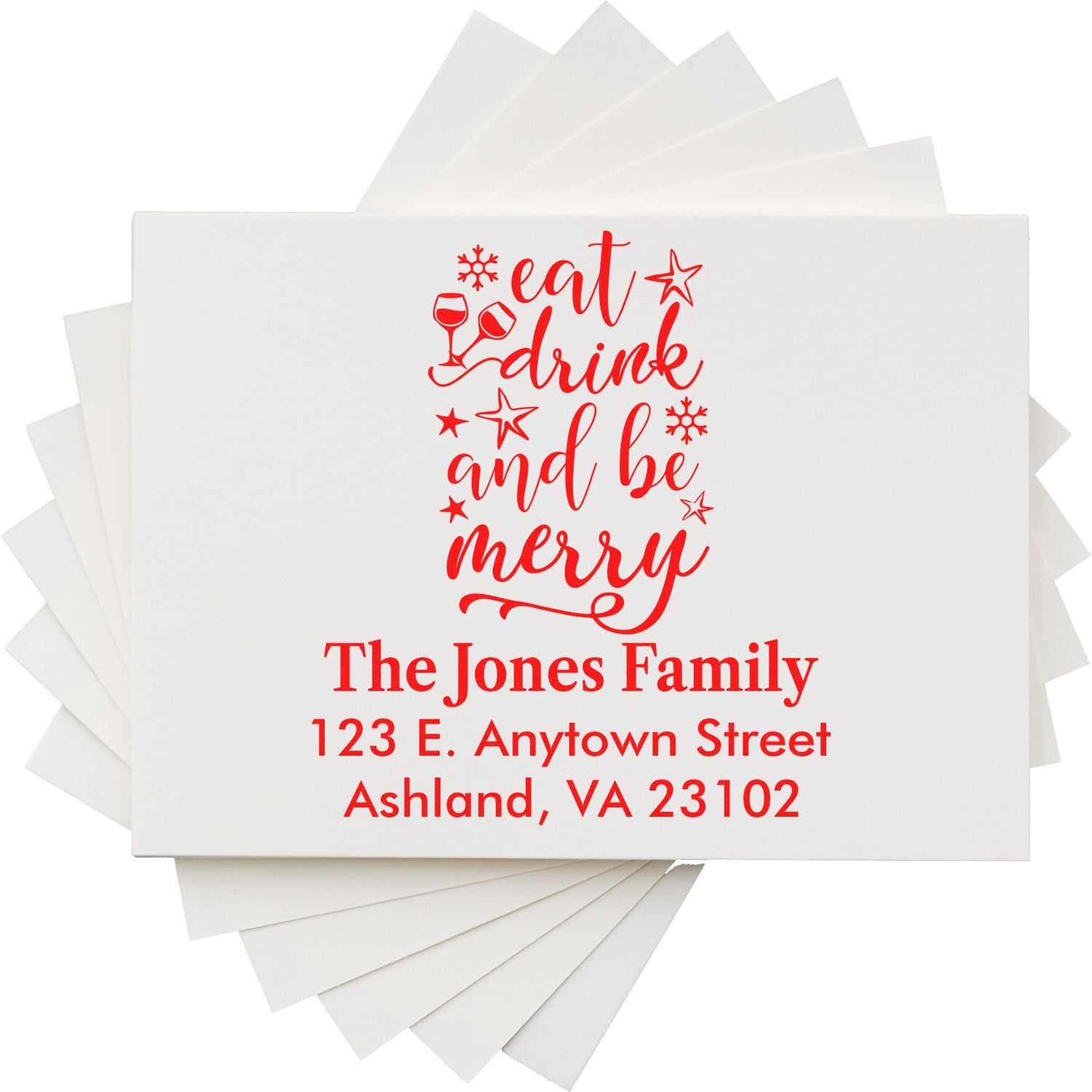Personalized Christmas return address rubber stamp with Eat, Drink and Be Merry for holiday envelopes.