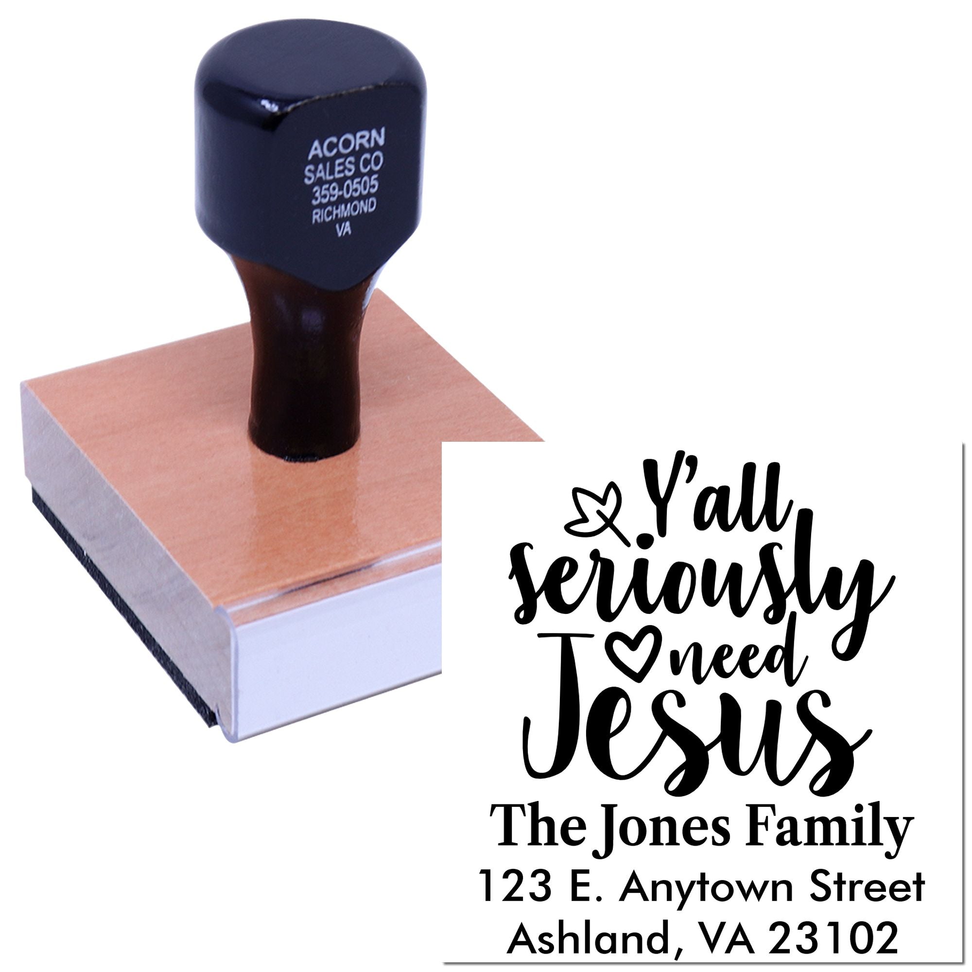 Custom self-inking rubber stamp with Yall seriously need Jesus design for personalized Christian mail and gifts.