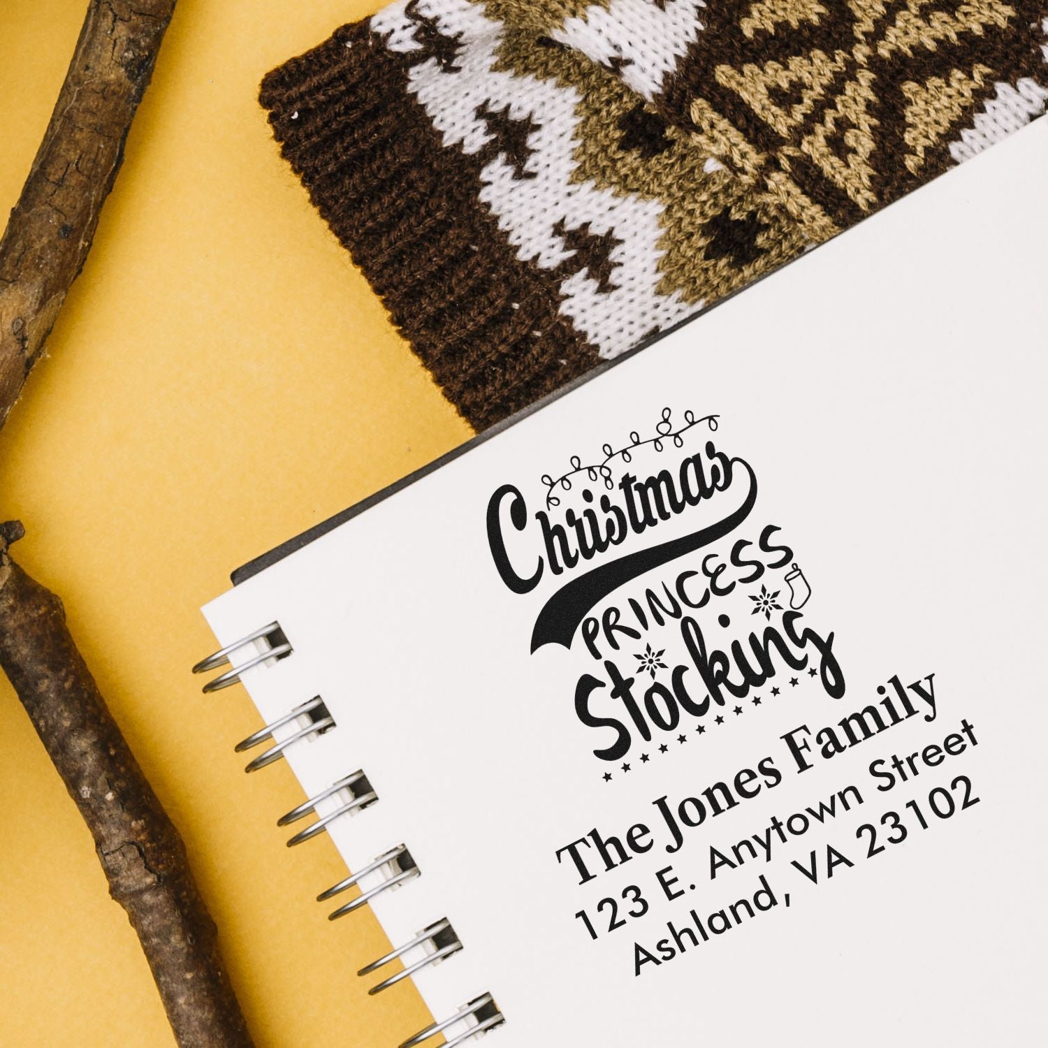 Custom Christmas address rubber stamp design for The Jones Family, featuring festive Princess Stocking holiday lettering.