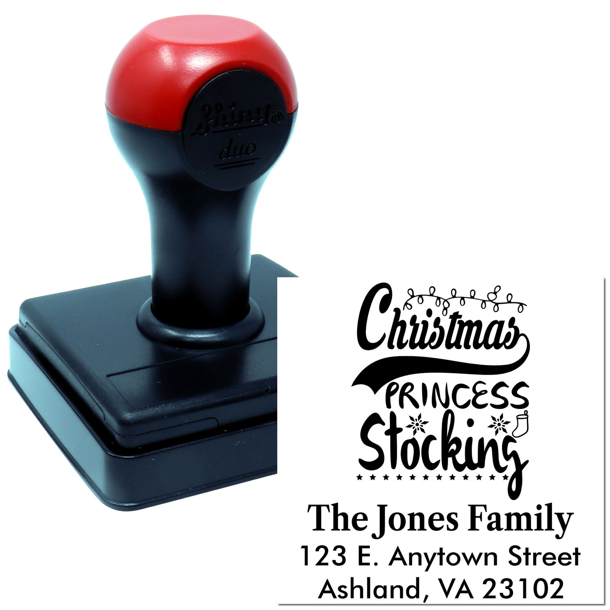 Custom Christmas Princess stocking self-inking rubber stamp with family name and address for holiday cards and mail.