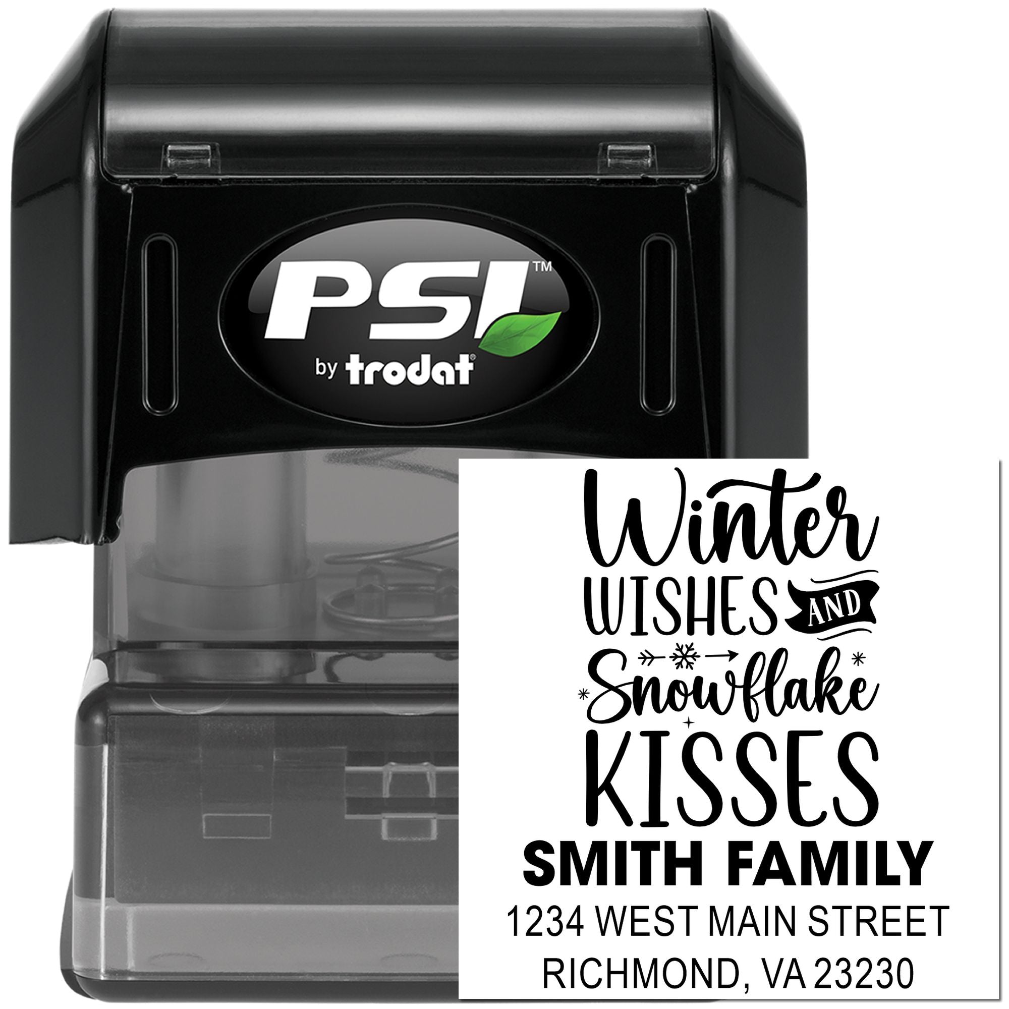 PSI by Trodat self-inking rubber stamp with custom winter wishes, snowflake kisses, Smith family address imprint.