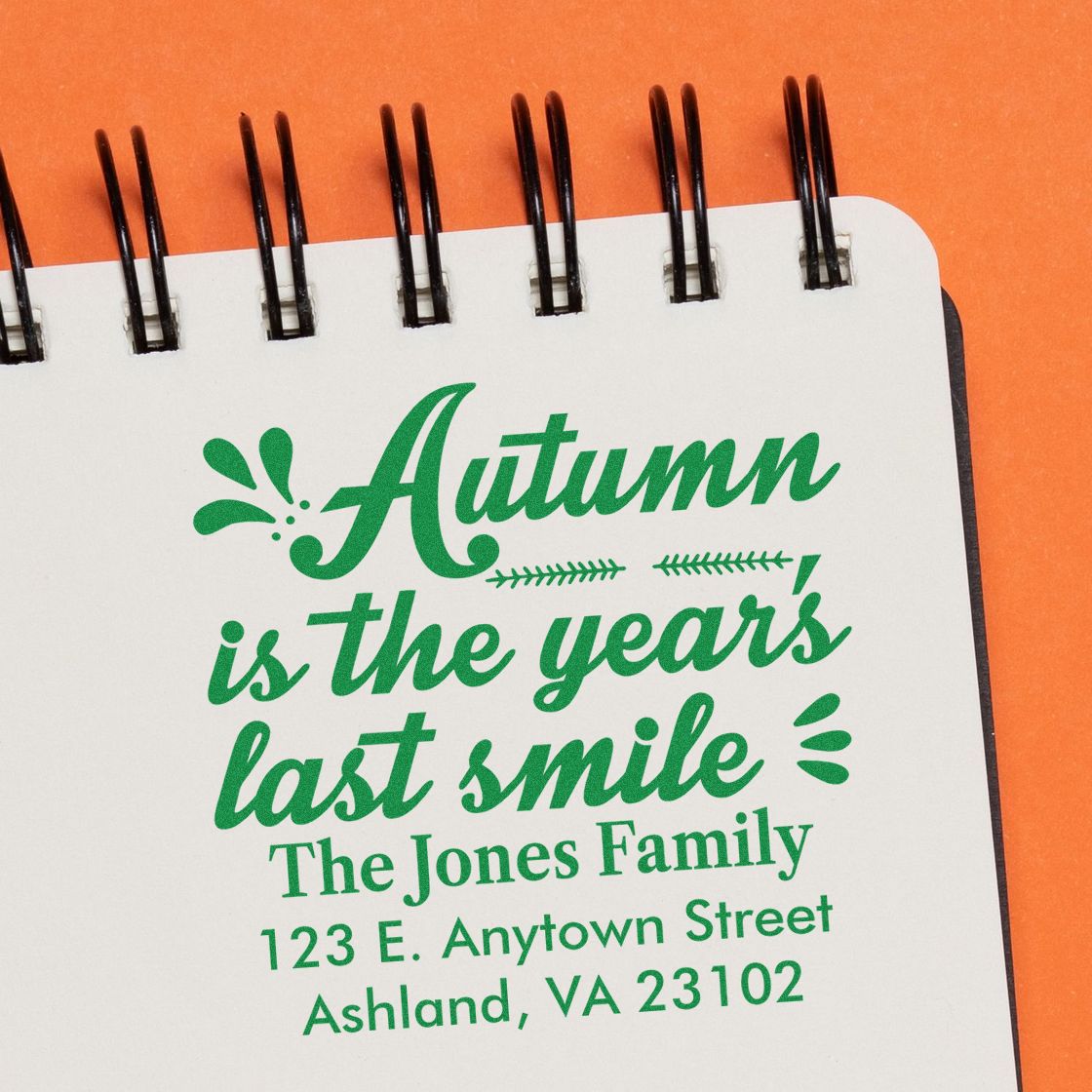 Custom return address rubber stamp with autumn quote, family name, and address for personalized stationery.