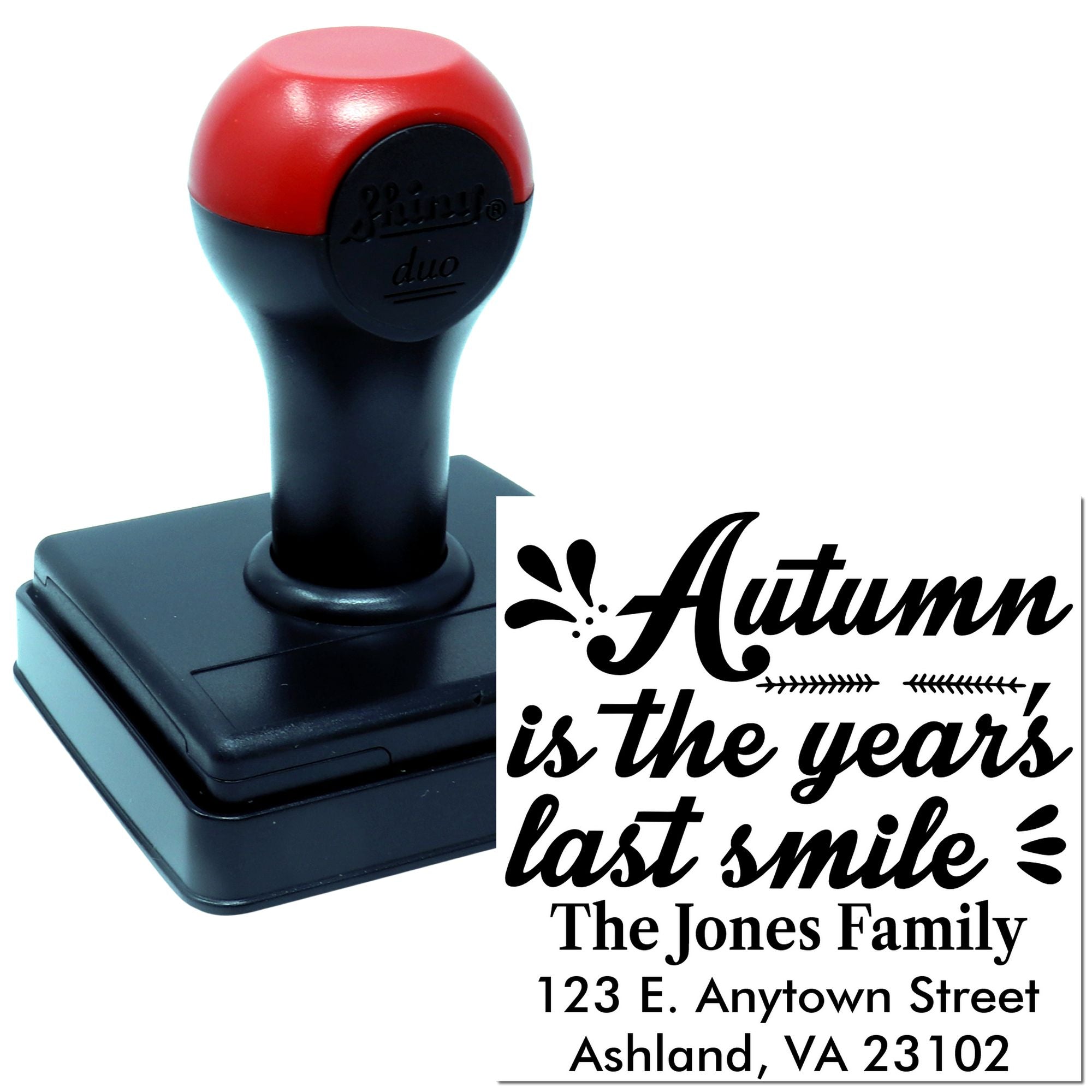 Custom self-inking address rubber stamp featuring Autumn is the years last smile and The Jones Family return address.