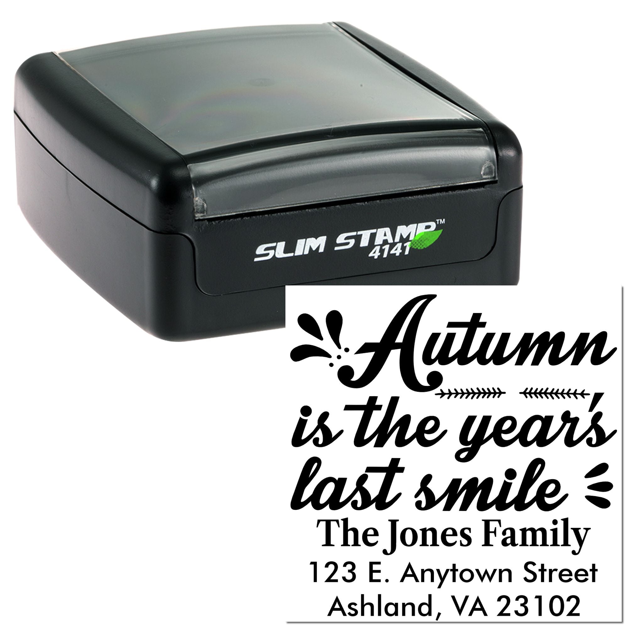 Slim Stamp 4141 custom self-inking rubber stamp with autumn quote, family name, and address for personalized mailings.