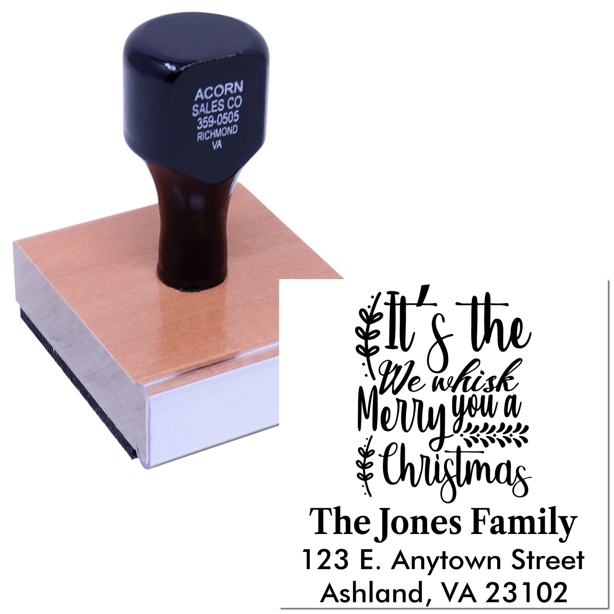 Personalized Christmas rubber stamp with holiday greeting and family address for festive cards and envelopes.