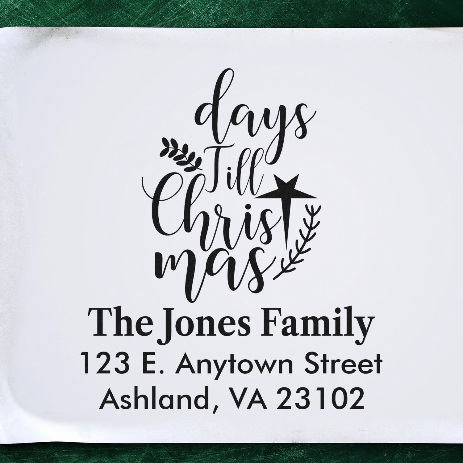 Personalized Christmas rubber stamp with Days Till Christmas design and return address for The Jones Family.