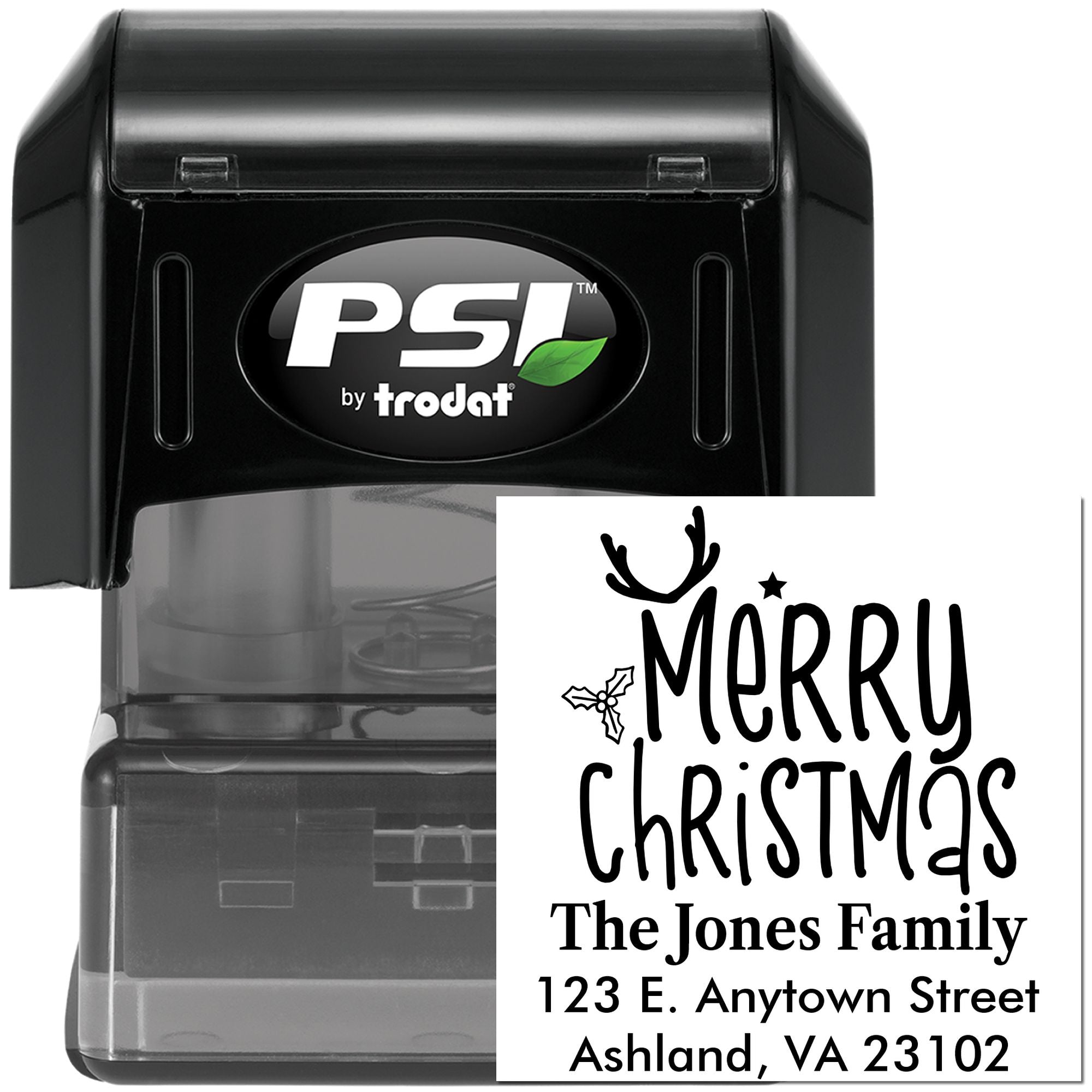PSI by Trodat self-inking rubber stamp with custom Merry Christmas family return address design