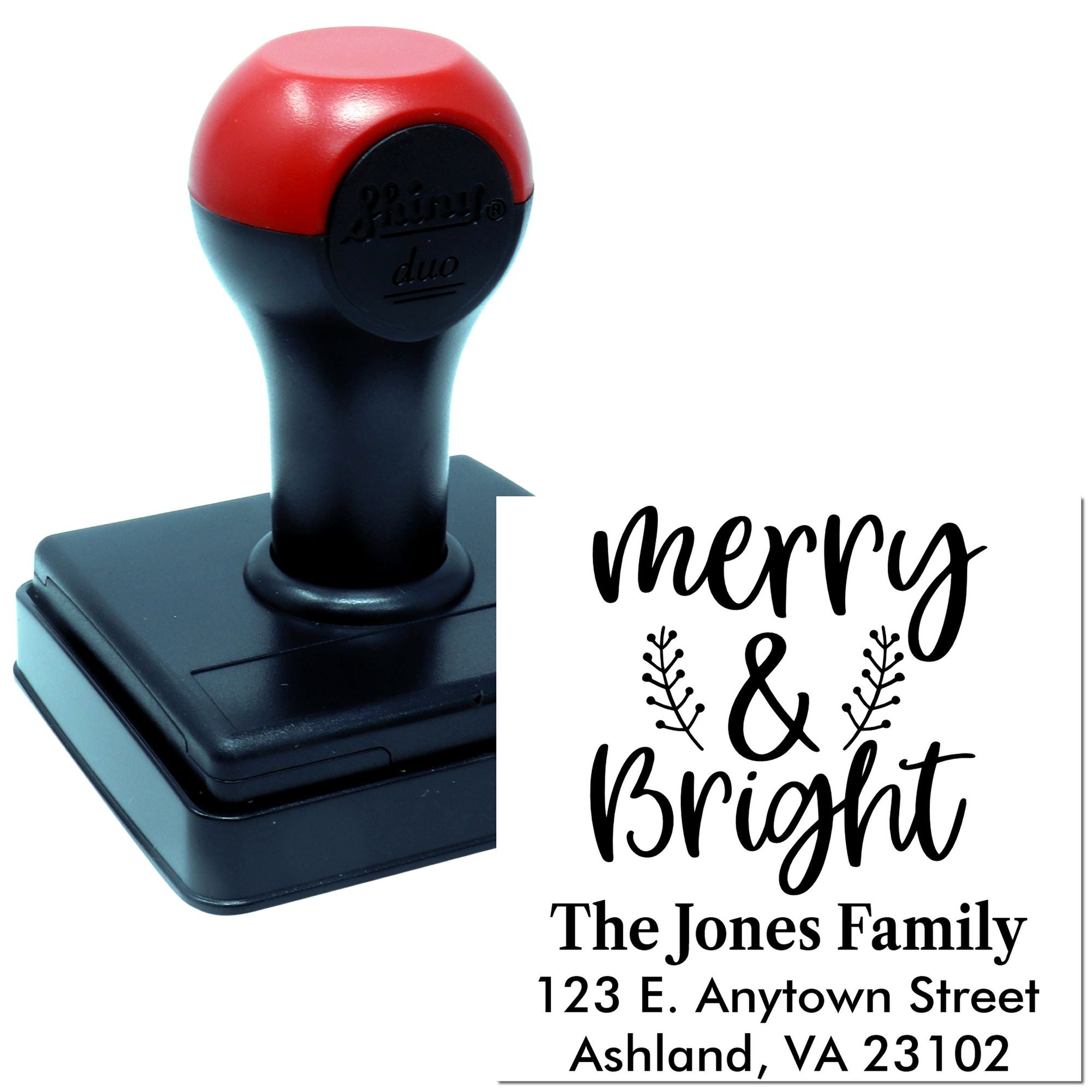 Custom self-inking rubber stamp with Merry & Bright holiday design and personalized family address imprint.